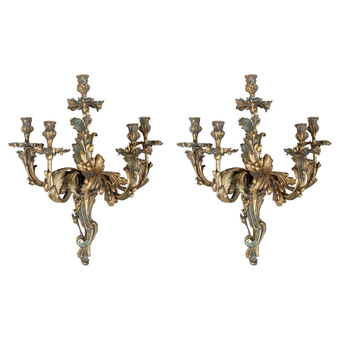 Pair Of Grand 19th C. French Bronze Five Candle Light Sconces For Sale