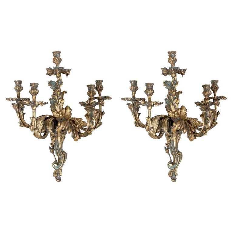 Pair Of Grand 19th C. French Bronze Five Candle Light Sconces For Sale