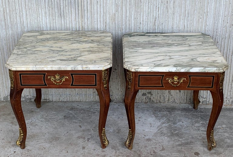 Spanish Pair of Louis XV Style Mahogany and Marble-Top Coffee Table with Bronze For Sale