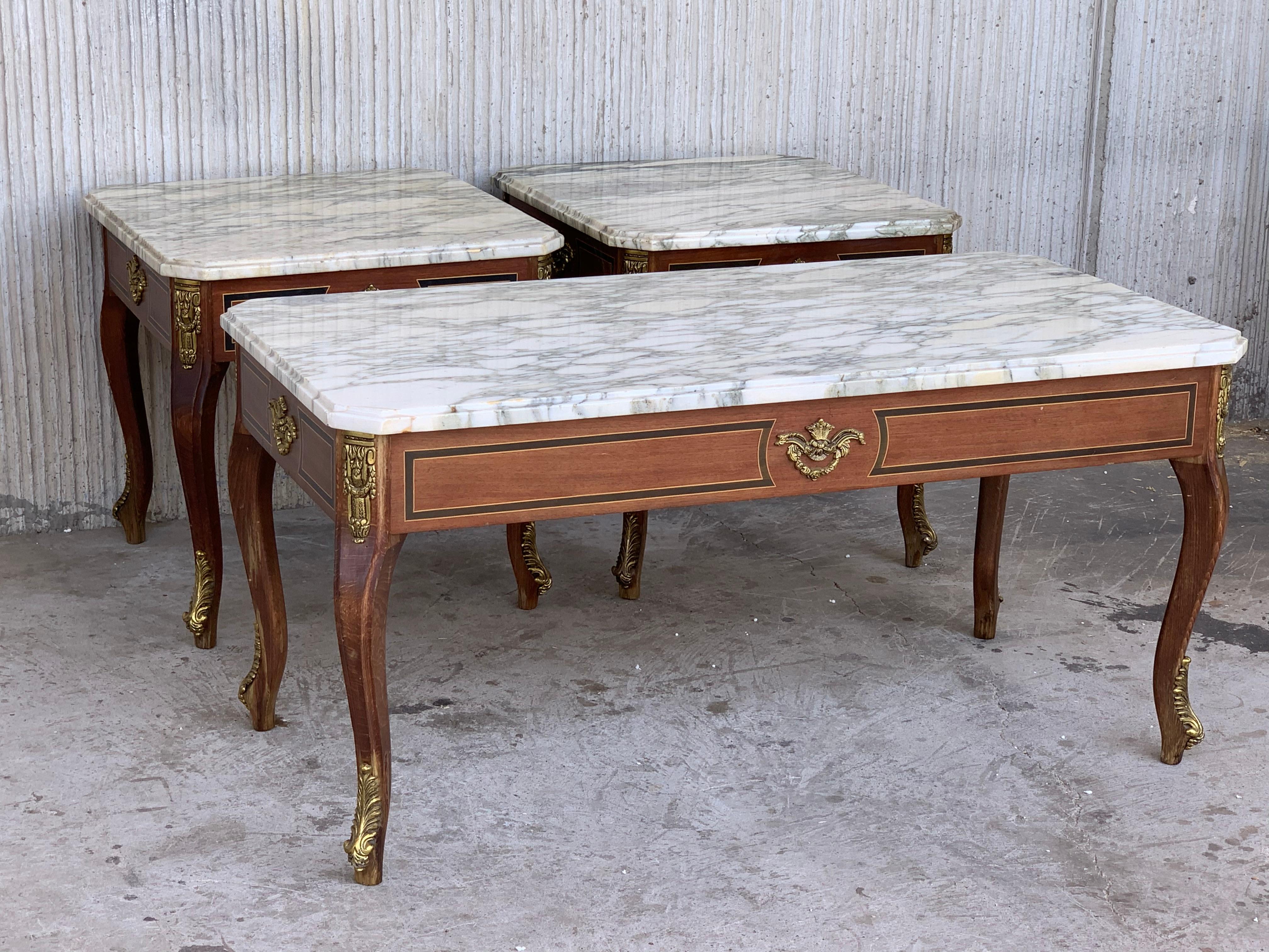 20th Century Pair of Louis XV Style Mahogany and Marble-Top Coffee Table with Bronze