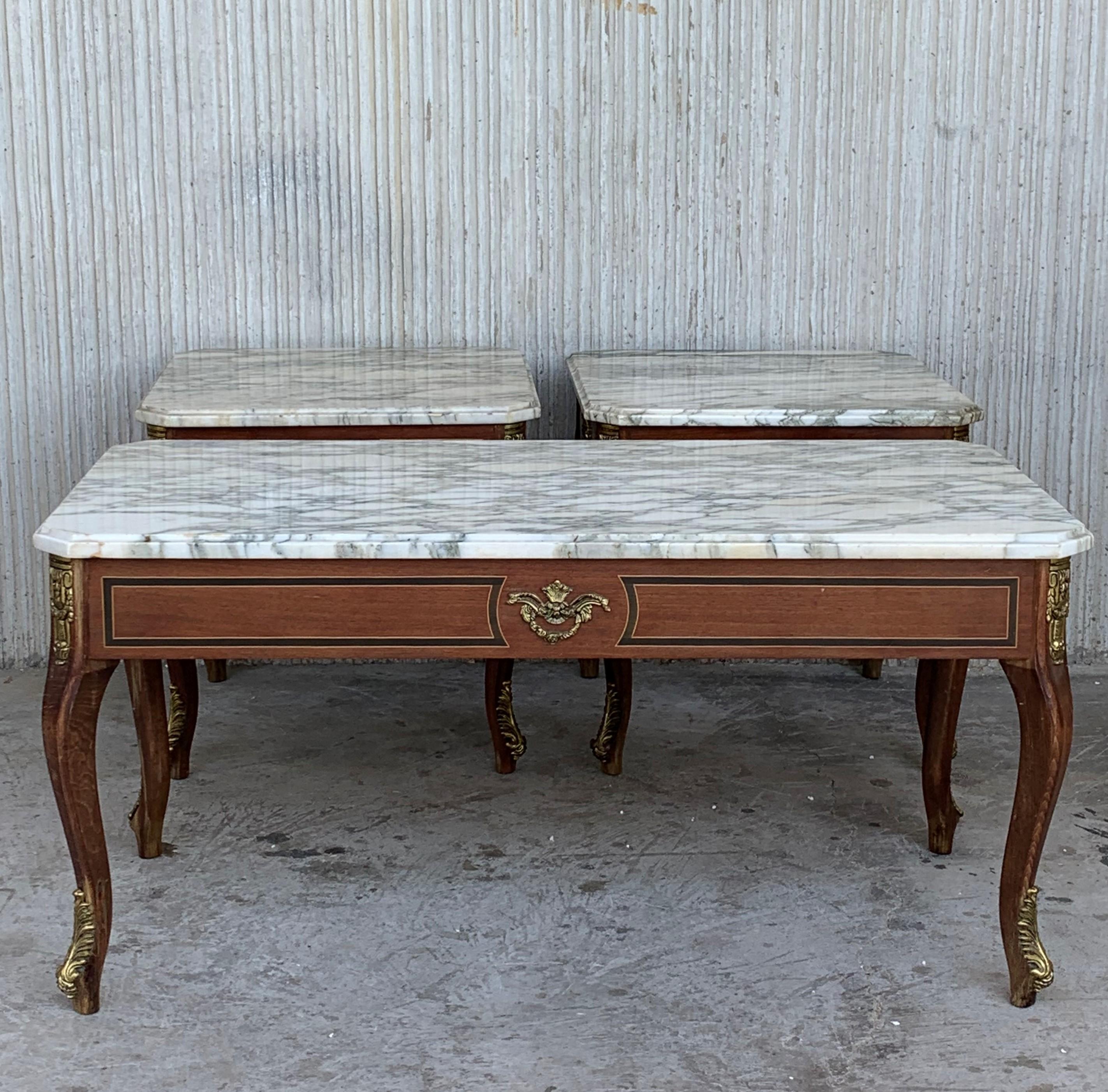 Pair of Louis XV Style Mahogany and Marble-Top Coffee Table with Bronze 2