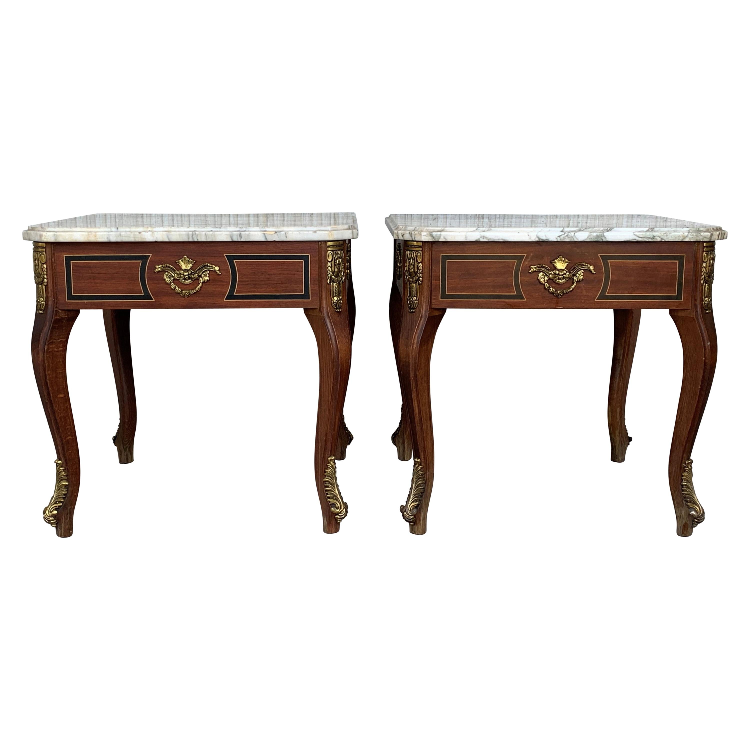 Pair of Louis XV Style Mahogany and Marble-Top Coffee Table with Bronze