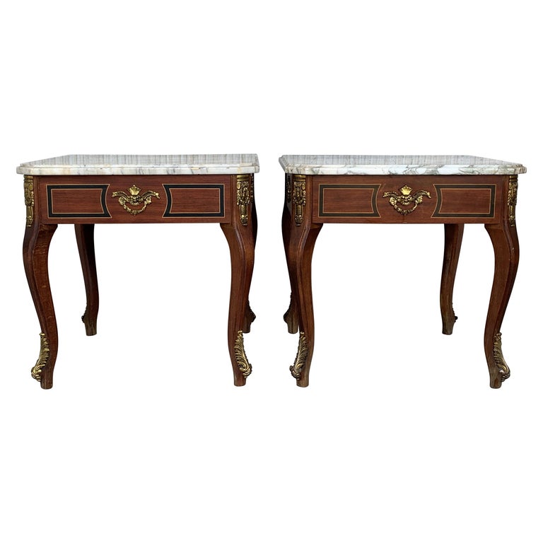 Pair of Louis XV Style Mahogany and Marble-Top Coffee Table with Bronze For Sale