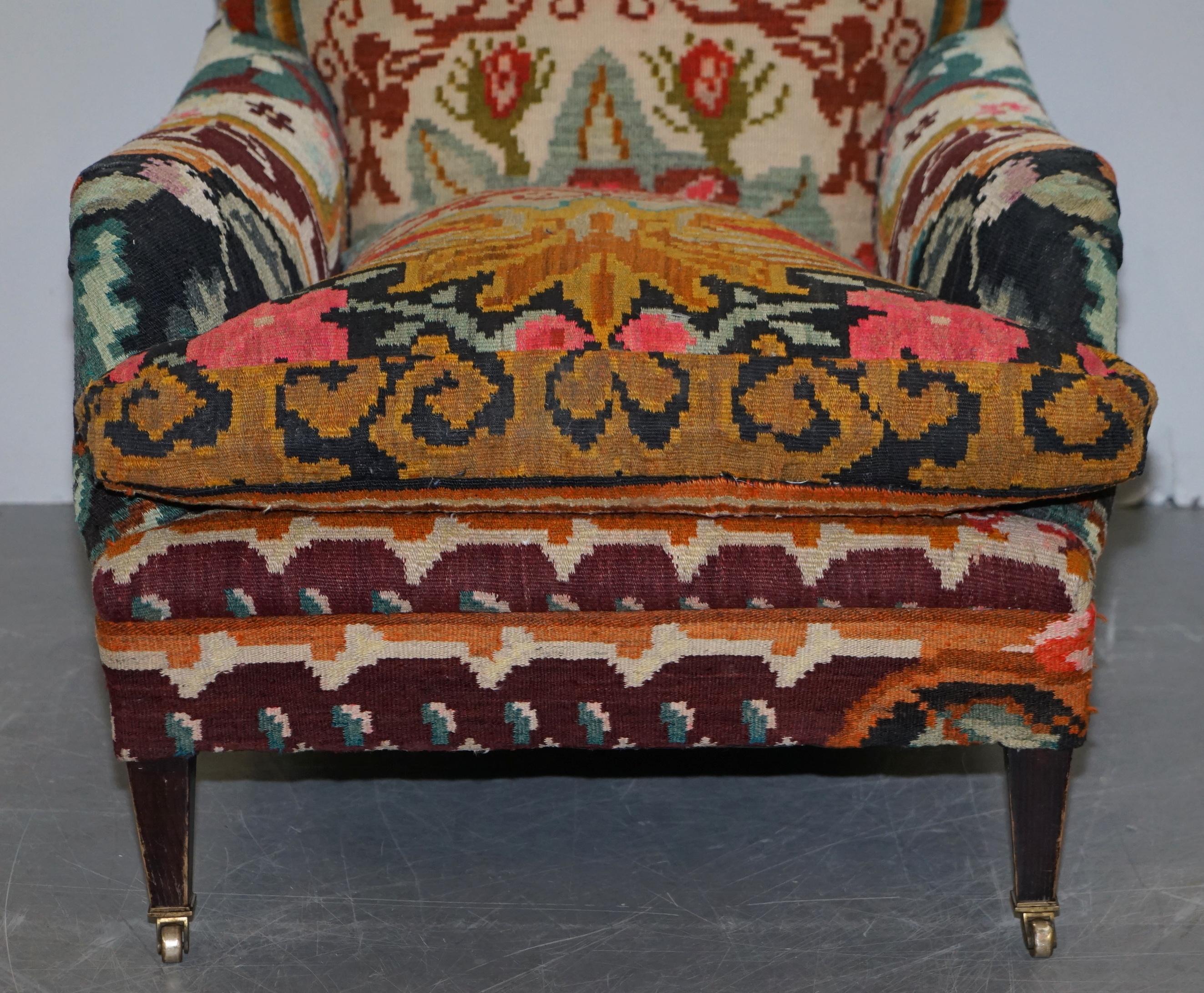 Upholstery Pair of Rare Vintage George Smith Signature Scroll Arm Kilim Aztec Armchairs