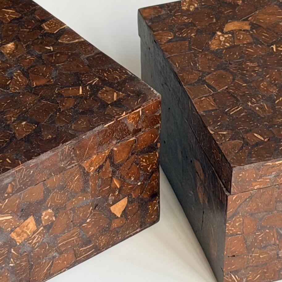 Post-Modern Pair Oggetti Tessellated Coconut Shell Lidded Boxes, 1990 For Sale