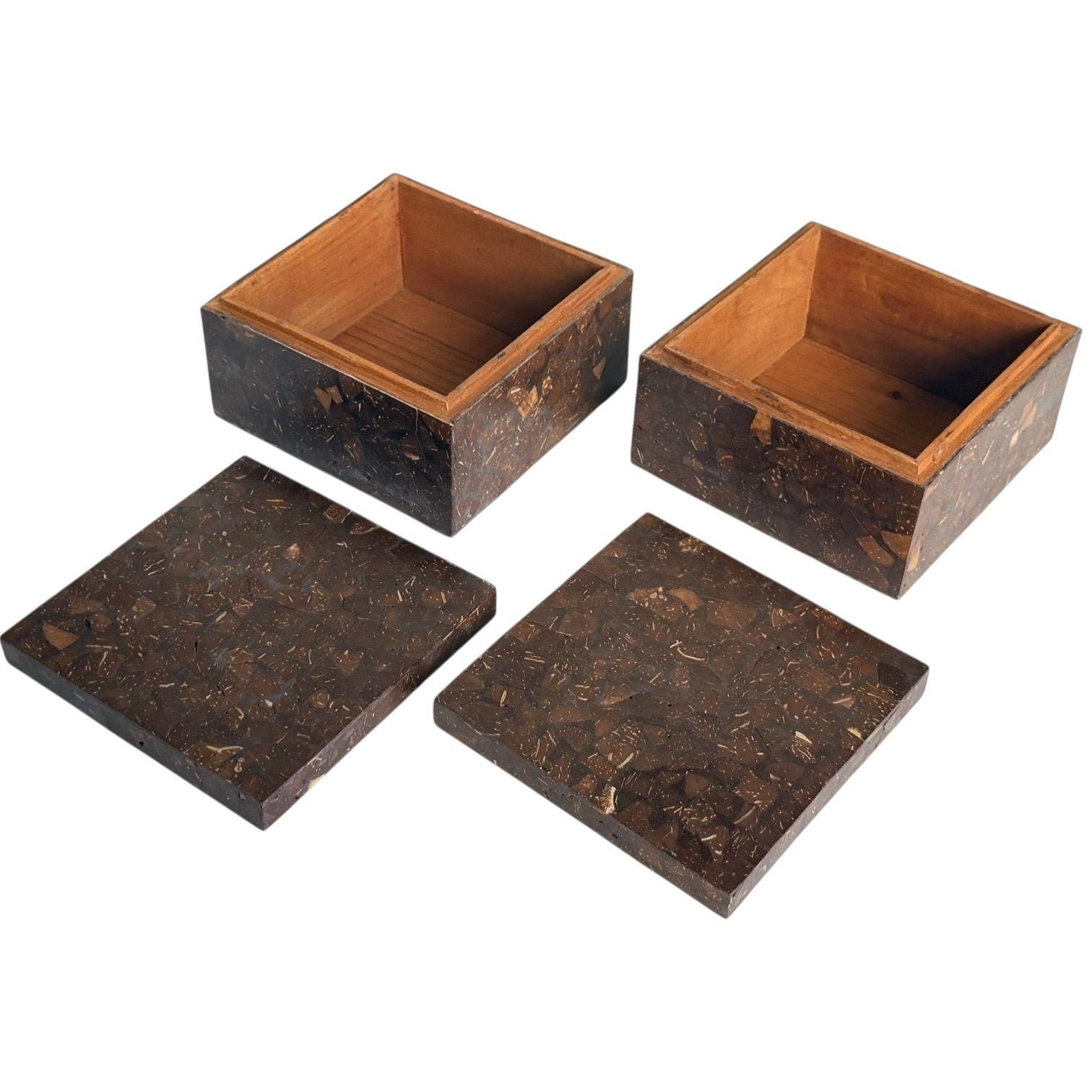 Late 20th Century Pair Oggetti Tessellated Coconut Shell Lidded Boxes, 1990 For Sale