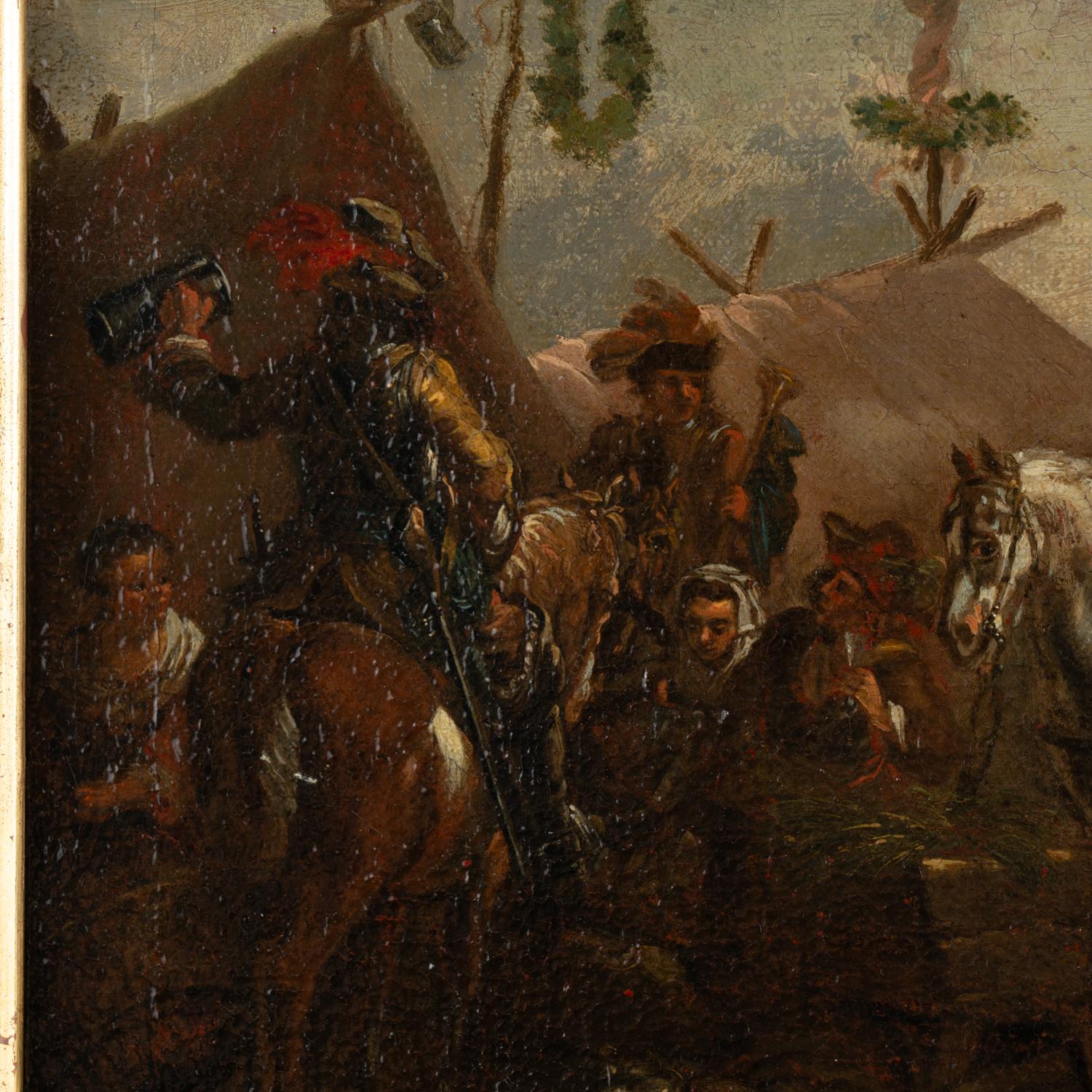 Pair, Oil on Canvas Paintings of Calvary Soldiers Encampment, Austria circa 1750 For Sale 4