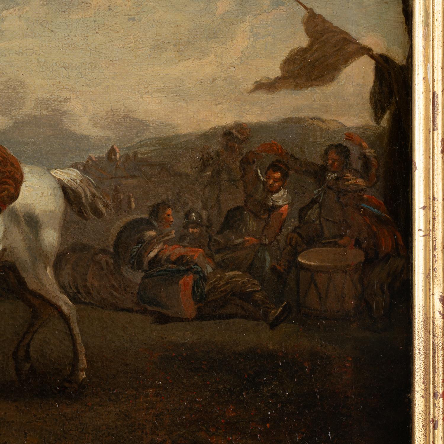 Paire de peintures à l'huile sur toile représentant un campement de soldats du calvaire, Autriche vers 1750 en vente 5