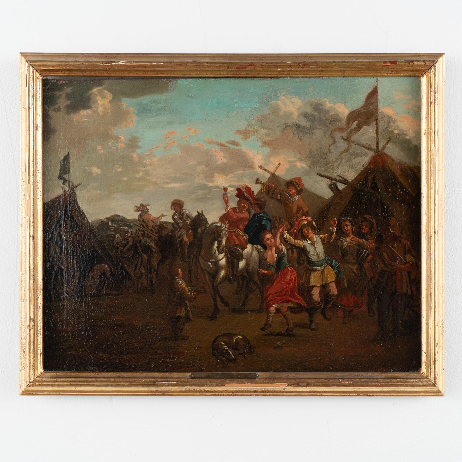 Austrian Pair, Oil on Canvas Paintings of Calvary Soldiers Encampment, Austria circa 1750 For Sale