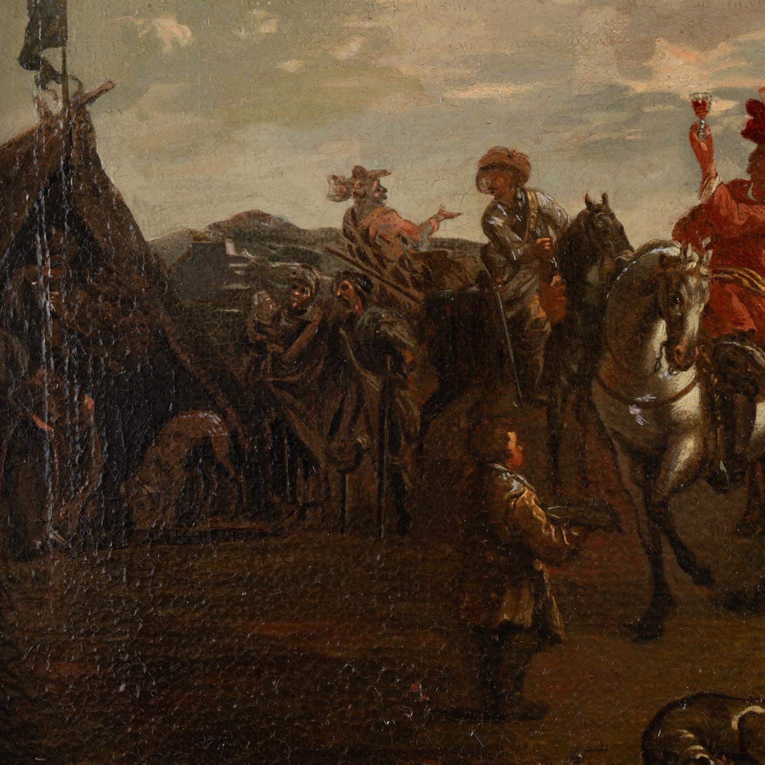XVIIIe siècle Paire de peintures à l'huile sur toile représentant un campement de soldats du calvaire, Autriche vers 1750 en vente