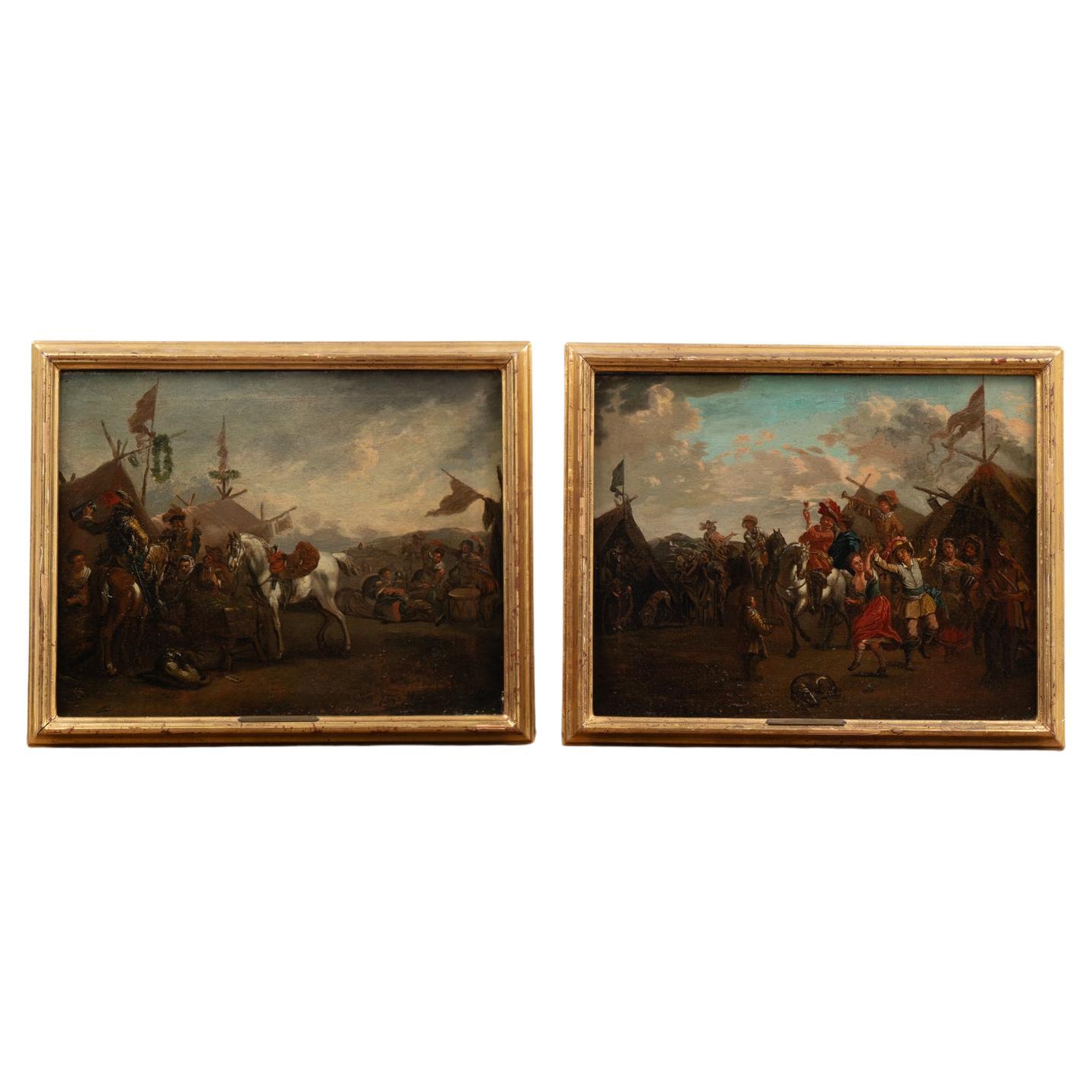 Pair, Oil on Canvas Paintings of Calvary Soldiers Encampment, Austria circa 1750 For Sale