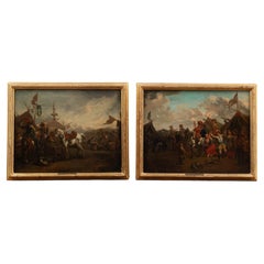 Antique Pair, Oil on Canvas Paintings of Calvary Soldiers Encampment, Austria circa 1750
