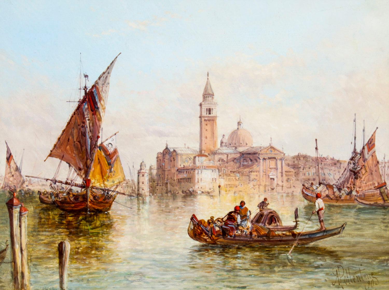 British Pair Oil Paintings San Marco & Santa Maria Venice Alfred Pollentine 19th C