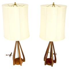 Pair Oiled Walnut Mid-Century Modern Carved Sculptured Table Lamps Pearsal Mint!