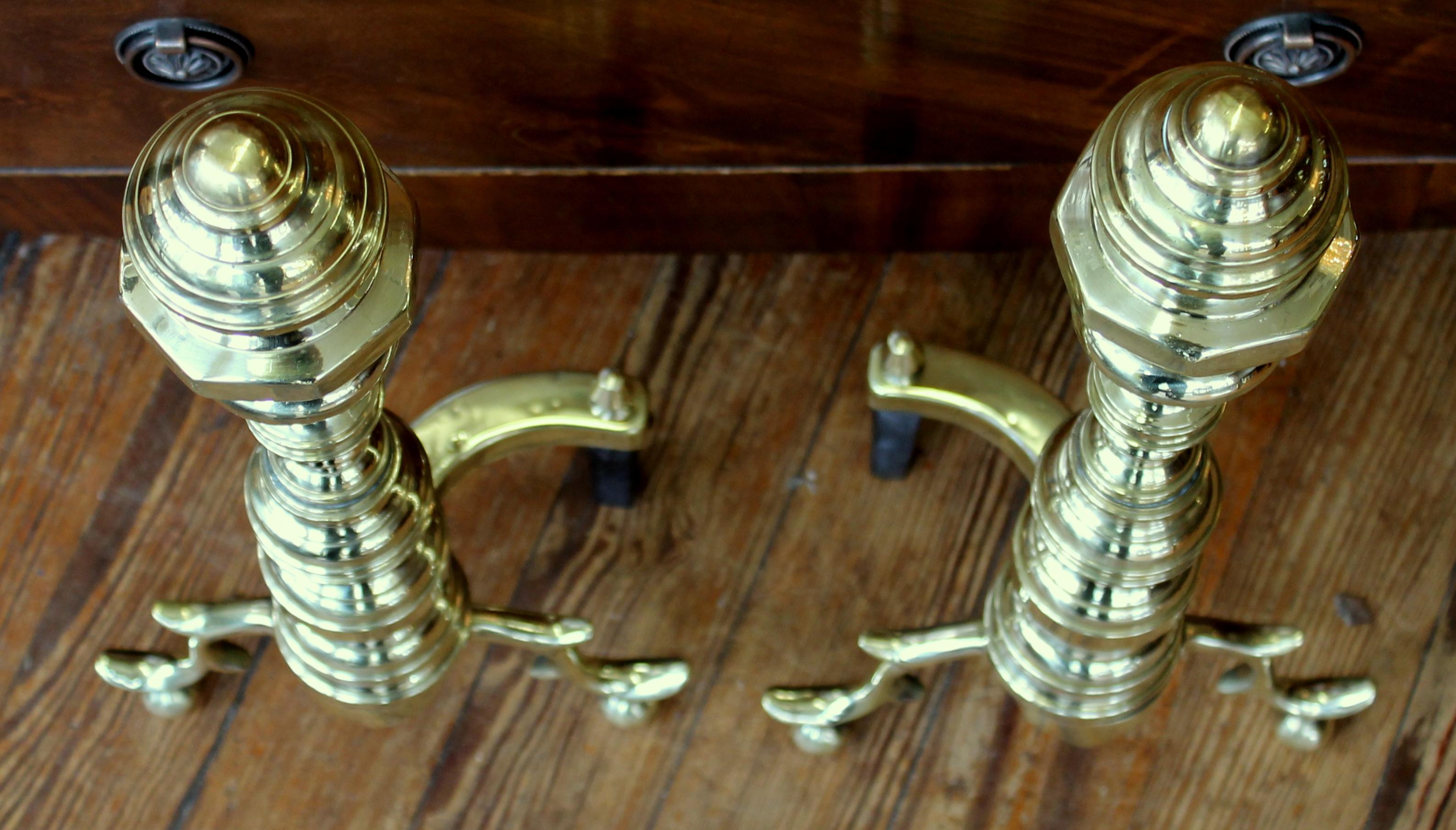 Pair of fabulous quality old American cast brass Federal style andirons; heavy cast brass components with no cast iron returns (as made).