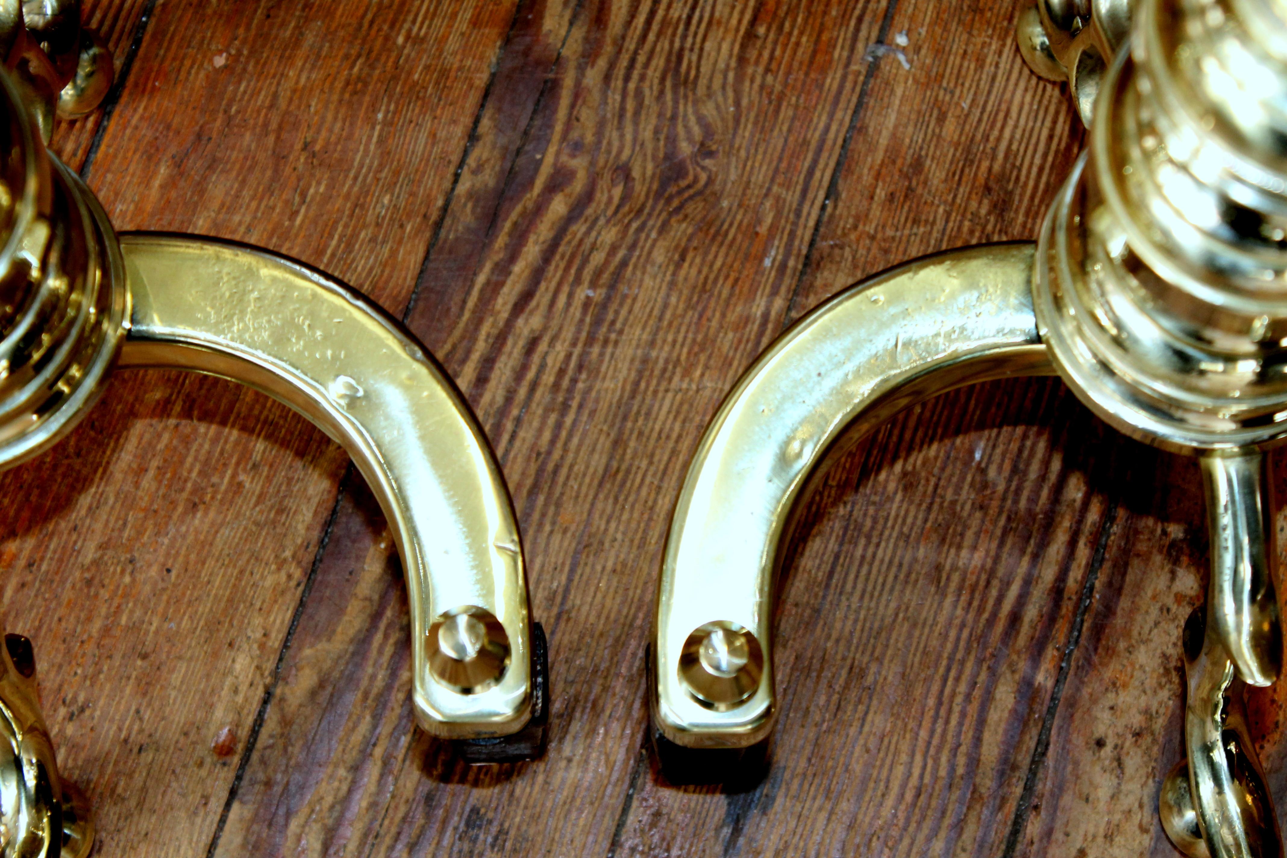 Pair of Old American Cast Brass Federal Style Andirons In Good Condition In Charleston, SC
