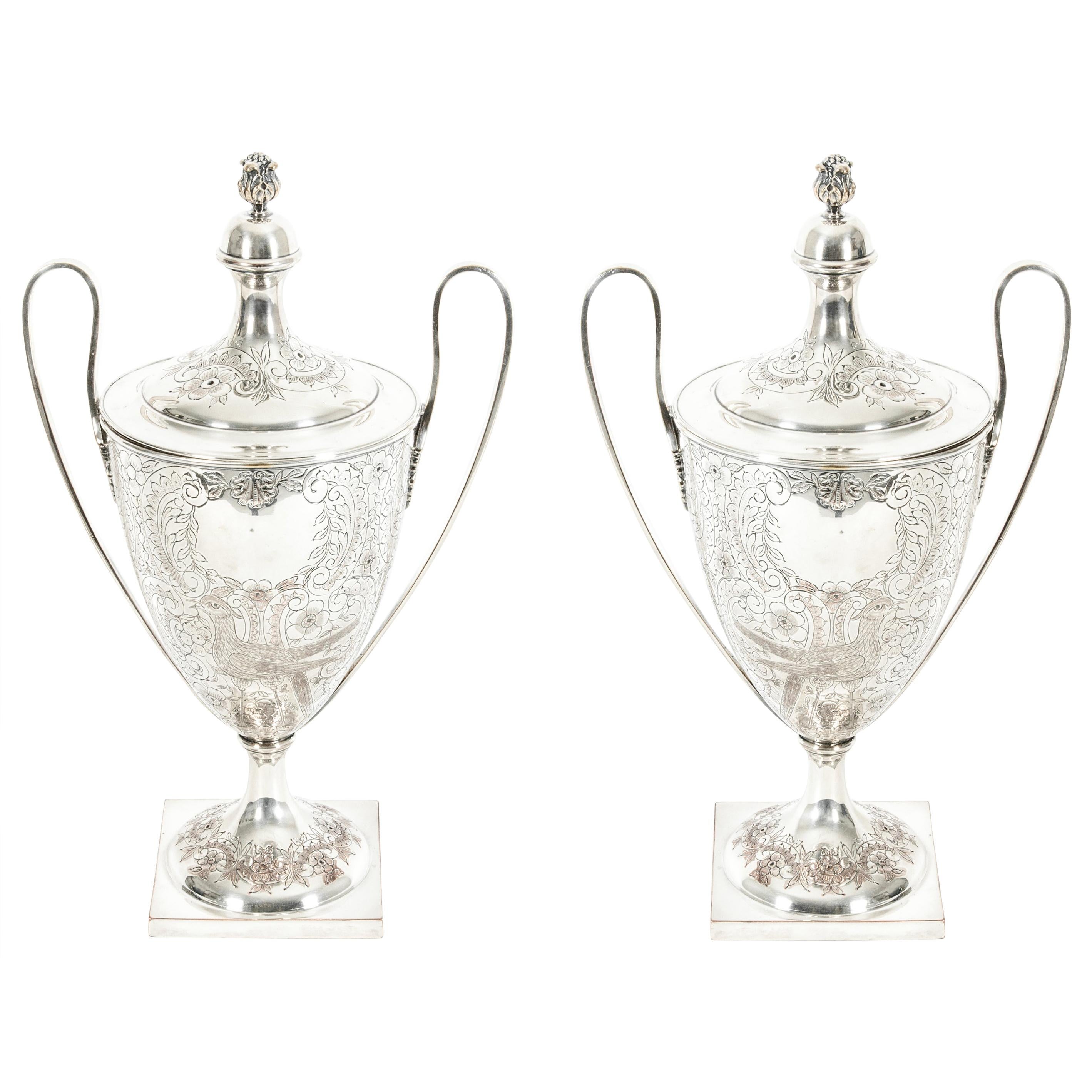 Pair Old English Plated Trophy Cup / Covered Urns