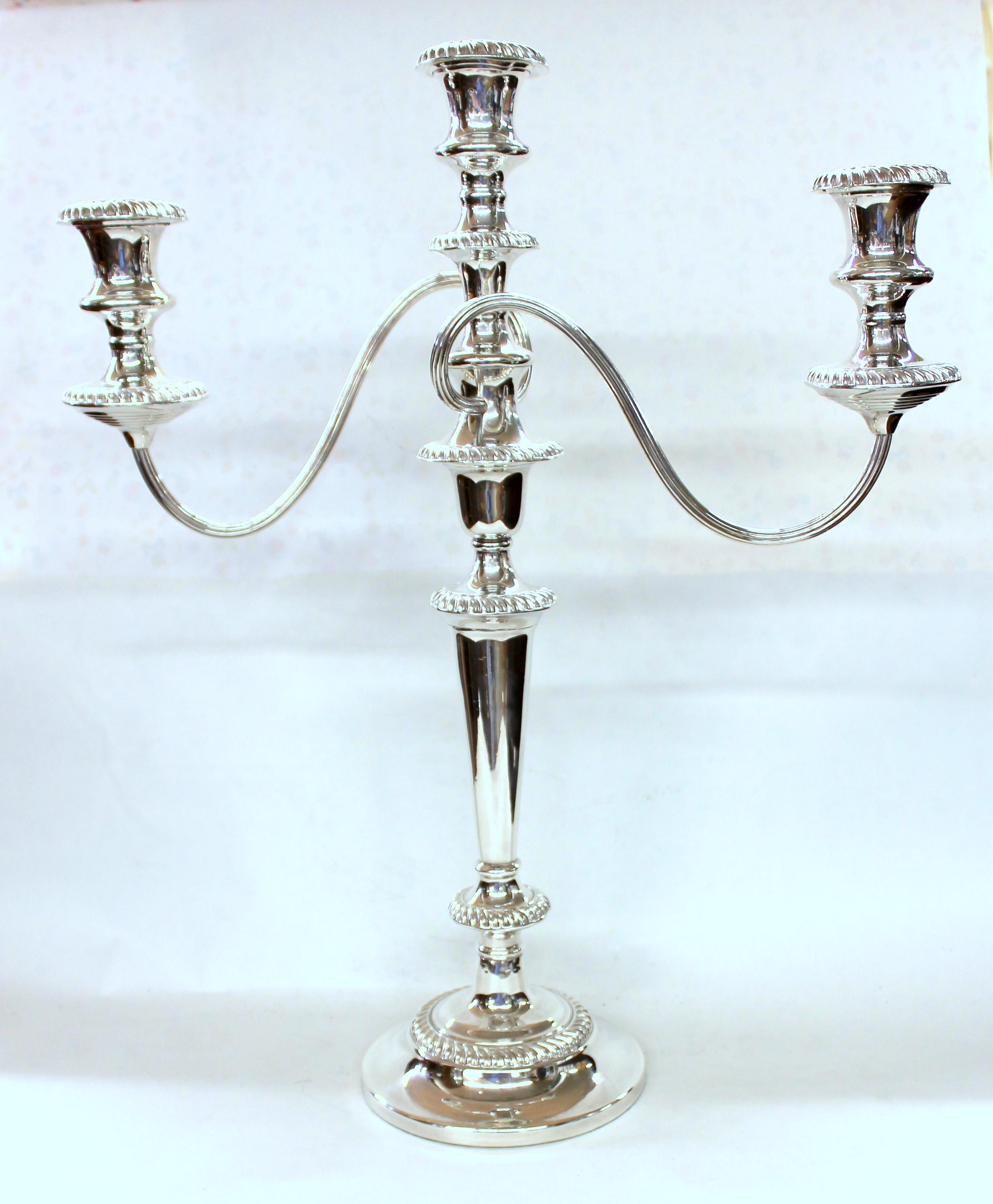 Hand-Carved Pair Old English Silver Plate Gadroon Border Georgian Three Light Candelabra