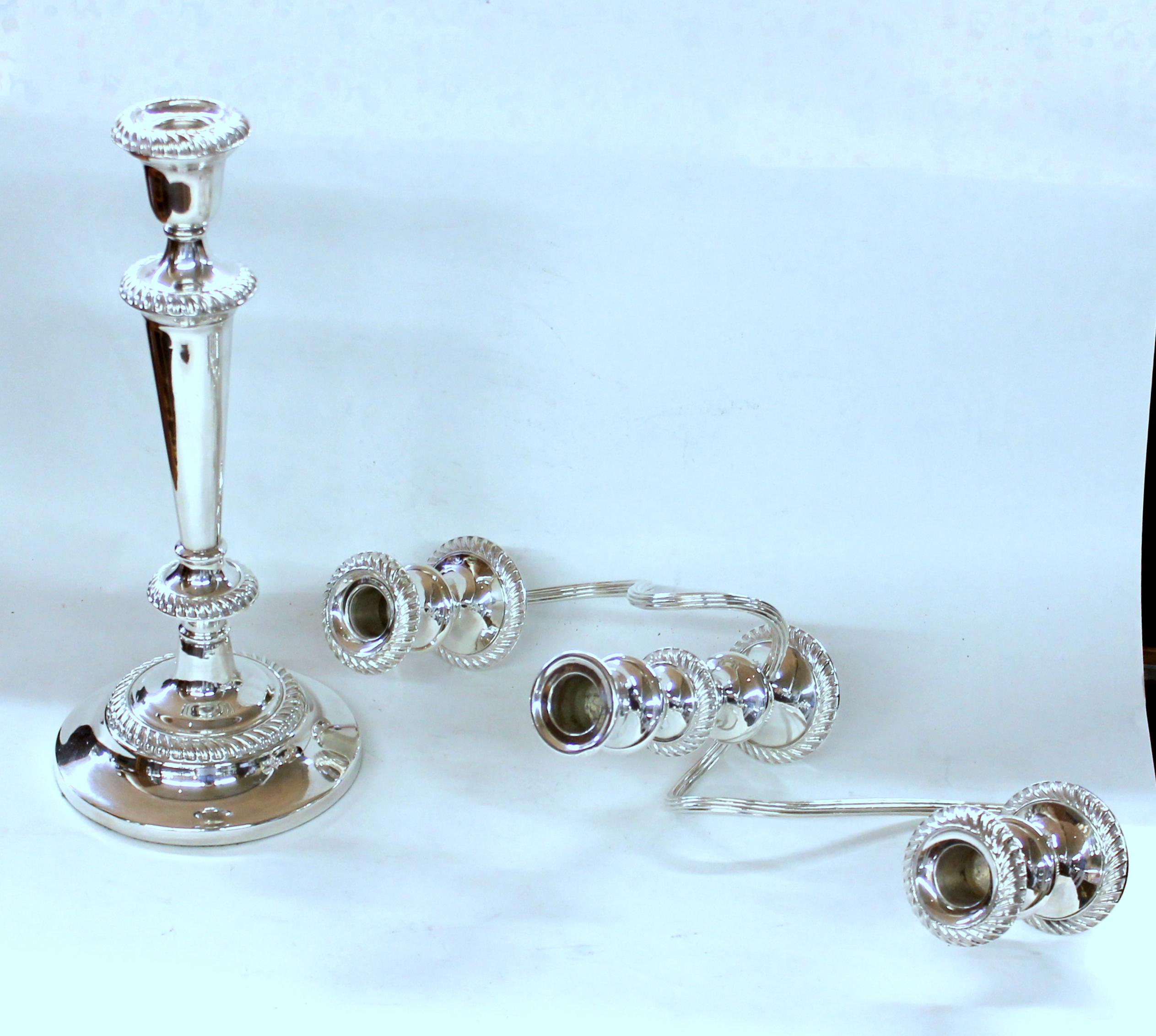 Pair Old English Silver Plate Gadroon Border Georgian Three Light Candelabra In Good Condition In Charleston, SC
