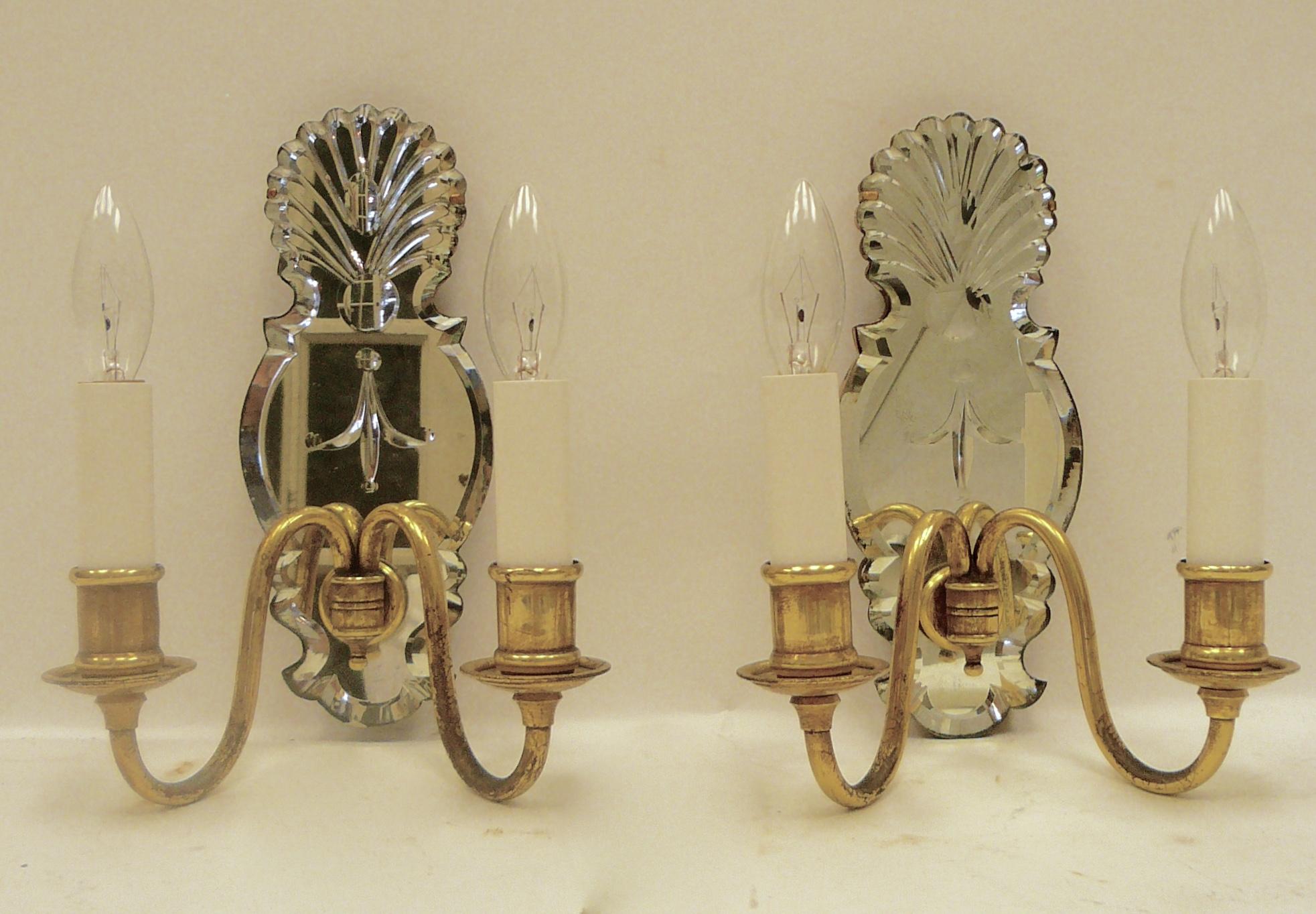 Faceted Pair Old English Style Two-Light Sconces with Mirrored Backplates