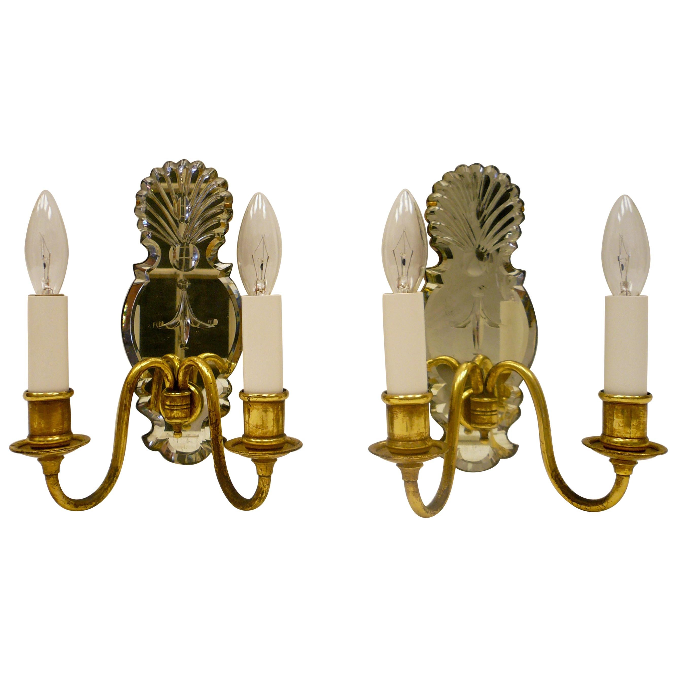 Pair Old English Style Two-Light Sconces with Mirrored Backplates
