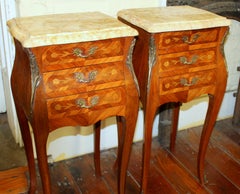 Pair Old French Marquetry Inlaid Kingwood Louis XV Marble Top Bedside Tables