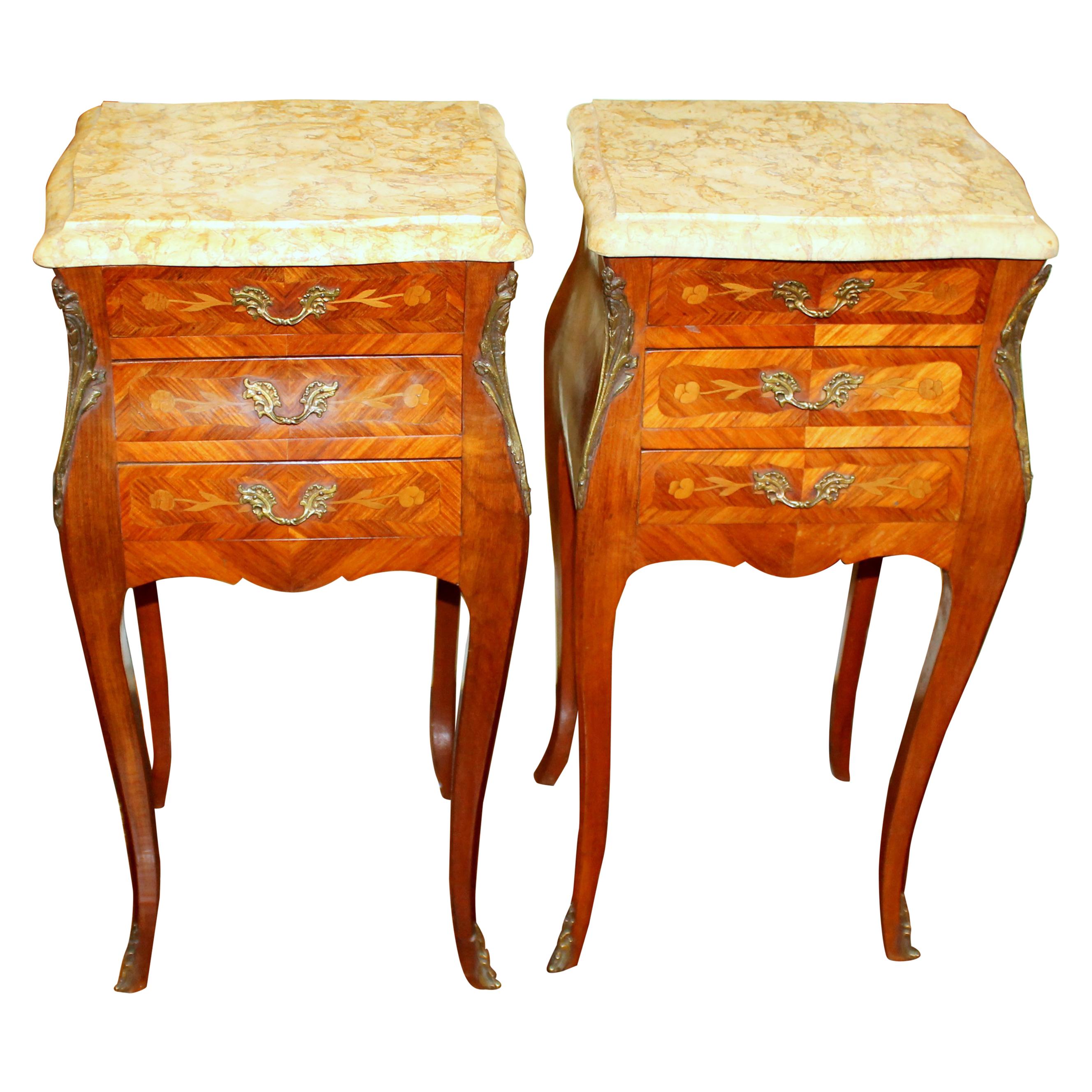 Pair Old French Marquetry Inlaid Kingwood Louis XV Marble Top Bedside