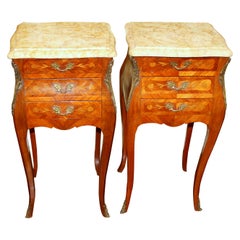 Antique Pair Old French Marquetry Inlaid Kingwood Louis XV Marble Top Bedside Tables