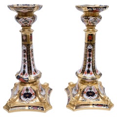 Retro Pair Old Imari Candlesticks by Royal Crown Derby England, Figural Dolphin Bases