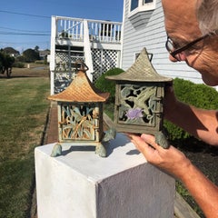 Pair of Old Japanese "Birds And Dragonfly" Hand Cast Lanterns