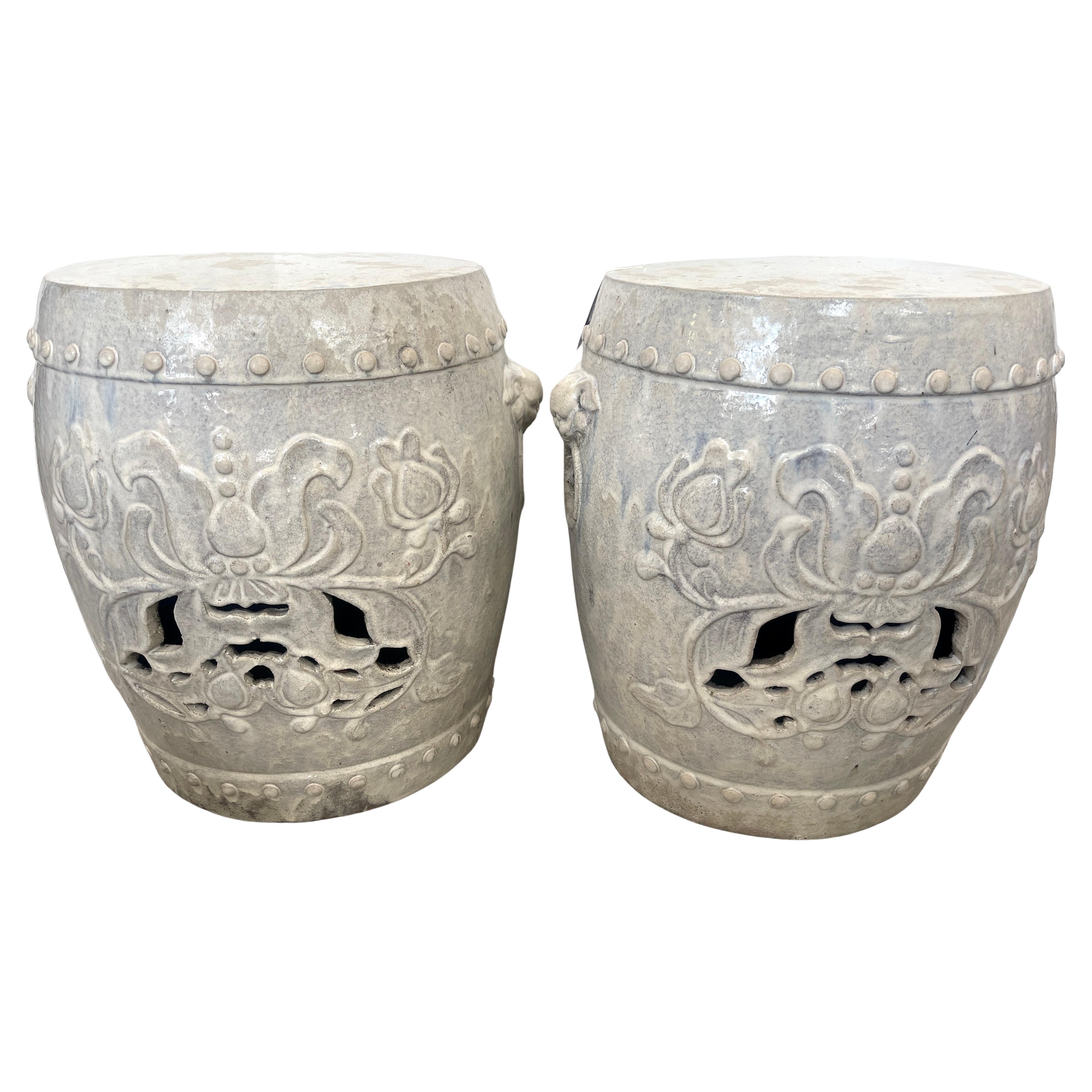 Pair Old Large Chinese  Off-White Glazed Terracotta Garden Stools