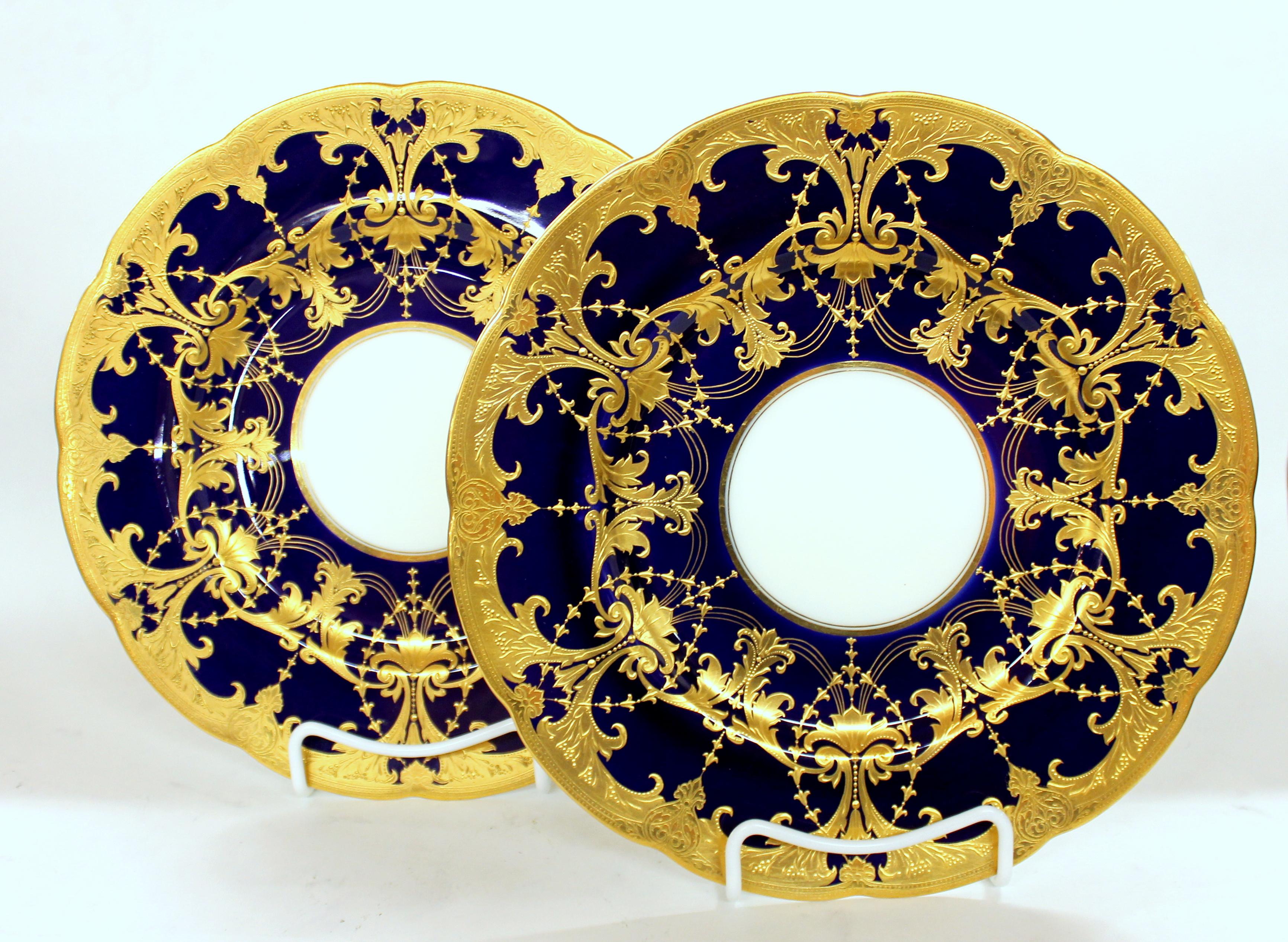 Pair of magnificent quality Old Minton hand gilt in bas relief and cobalt porcelain cabinet or service plates; possibly the most exceptional plates made in the first quarter of the 20th century. Many years ago, special commissioned Cabinet or
