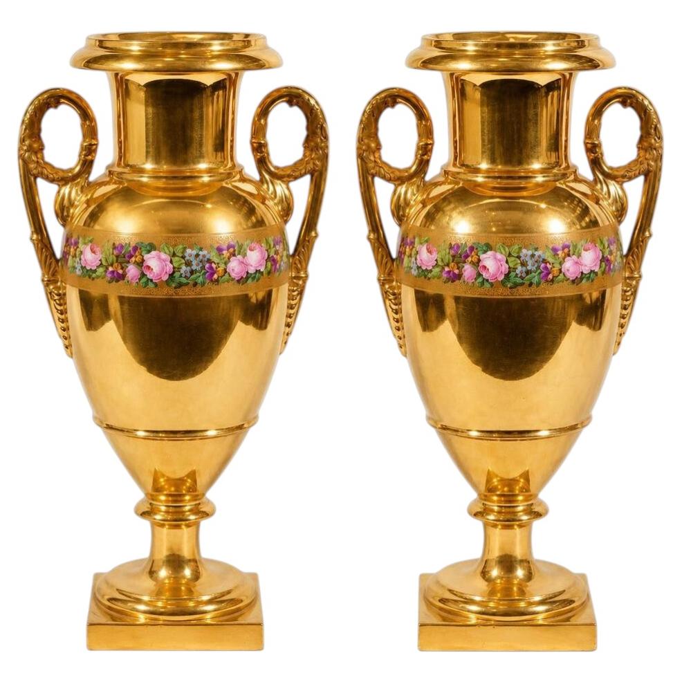 Pair Old Paris Porcelain Vases France Empire Style Circa 1840