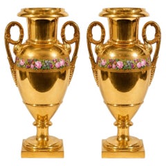 Pair Old Paris Porcelain Vases France Empire Style Circa 1840