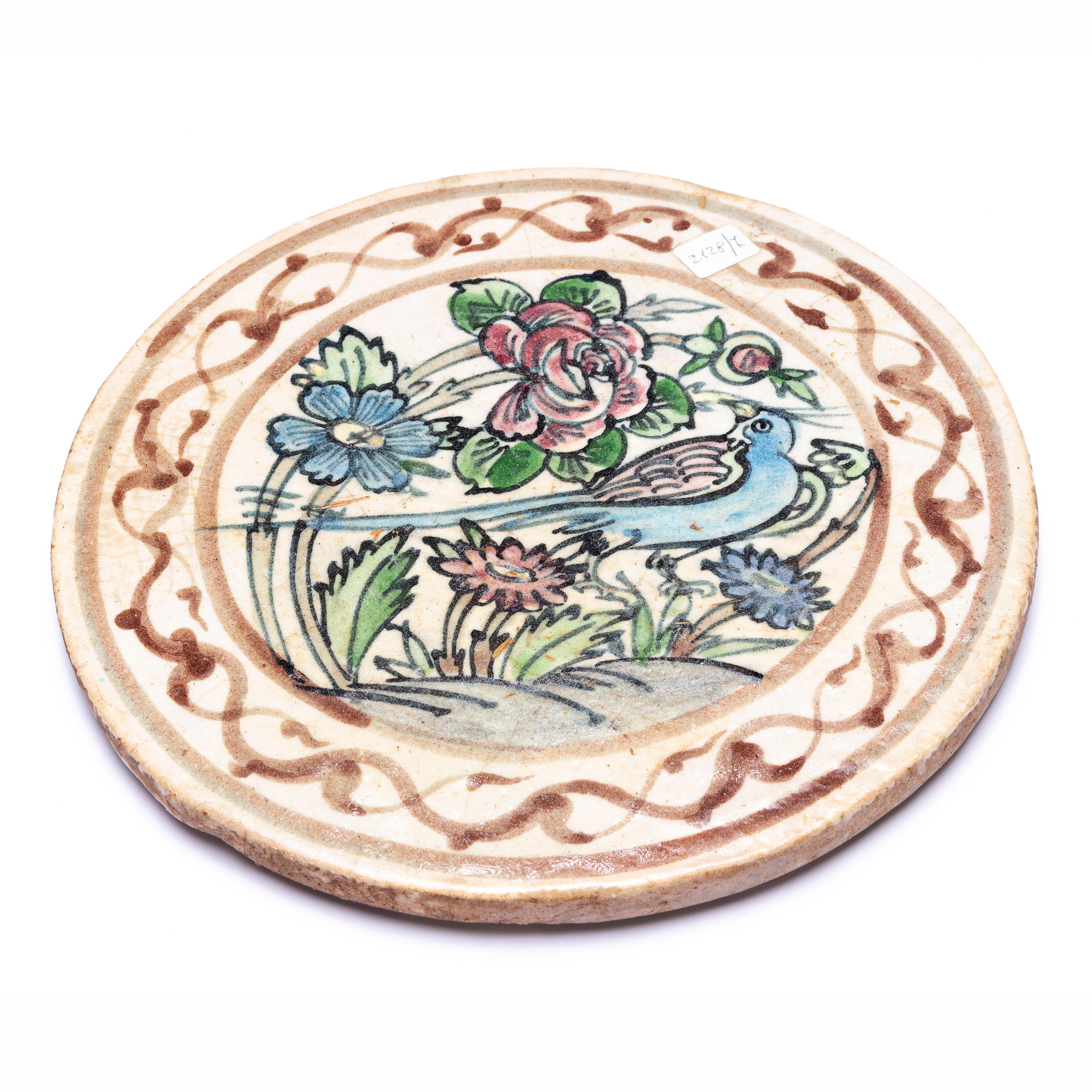 Par de Azulejos Redondos Antiguos Pintados con Flores Centroasiático en venta