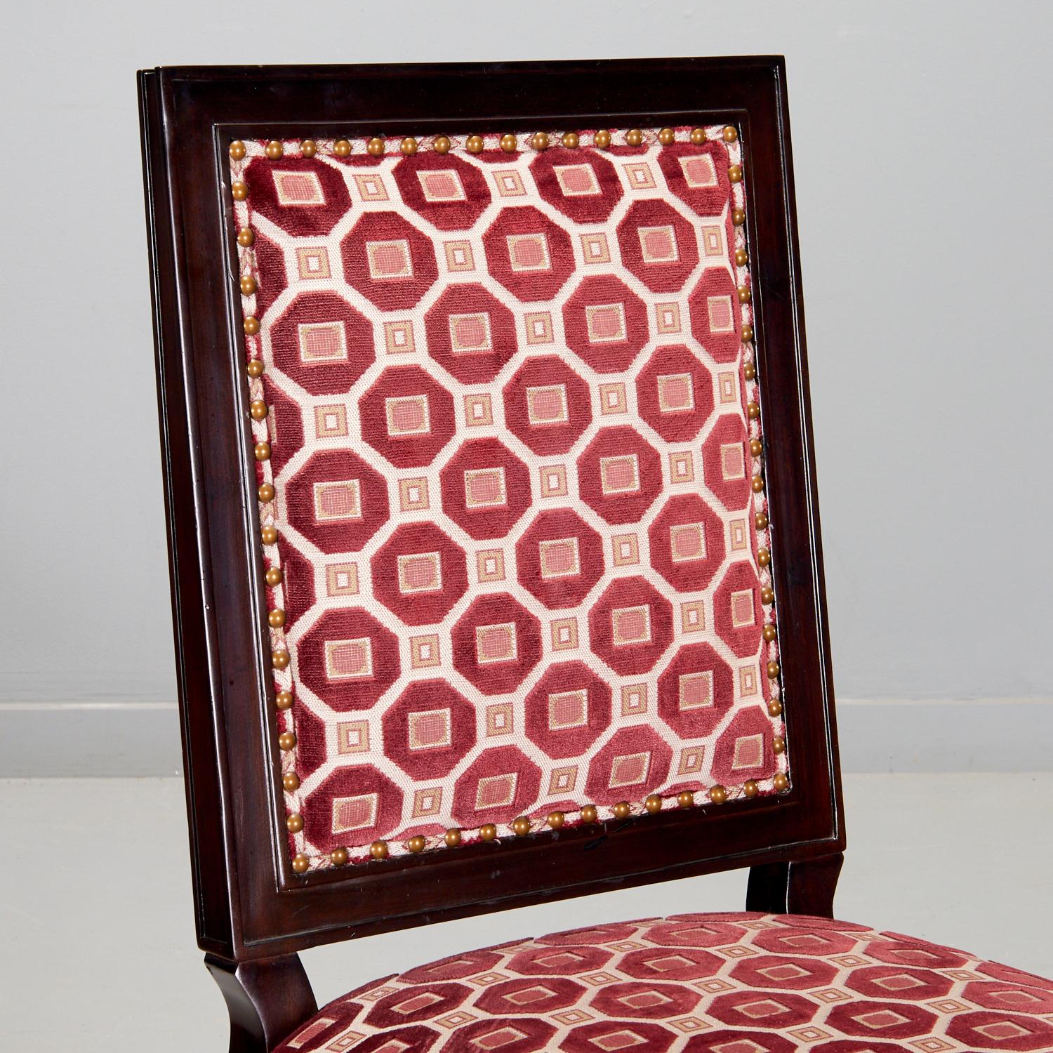 American Pair Oly Studio Louis XVI Style Chairs Upholstered in Geometric Cut Velvet