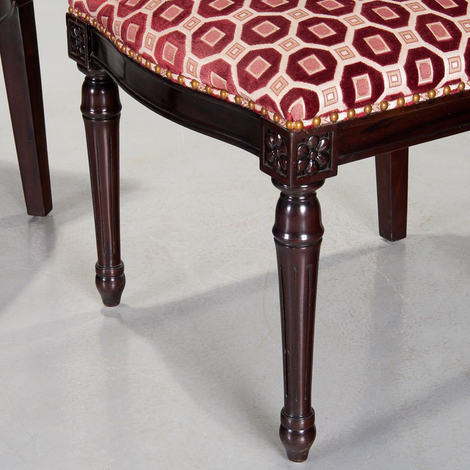 Hand-Carved Pair Oly Studio Louis XVI Style Chairs Upholstered in Geometric Cut Velvet