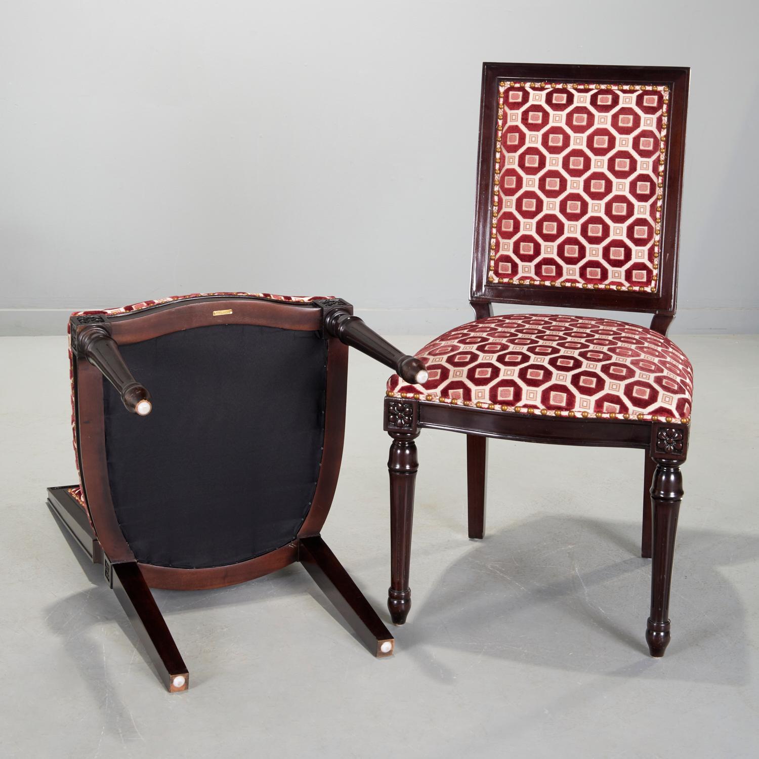 Contemporary Pair Oly Studio Louis XVI Style Chairs Upholstered in Geometric Cut Velvet