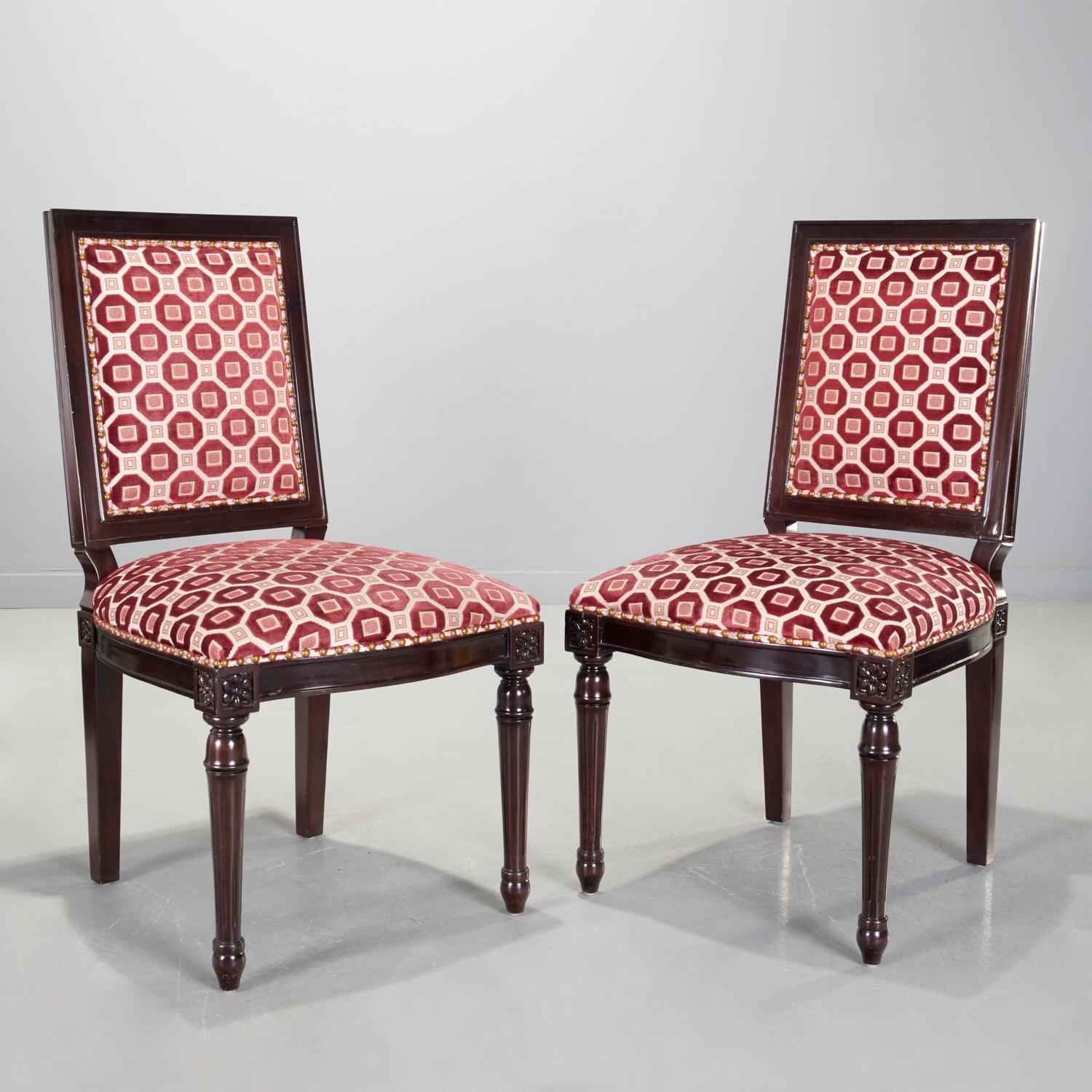 Pair Oly Studio Louis XVI Style Chairs Upholstered in Geometric Cut Velvet 1
