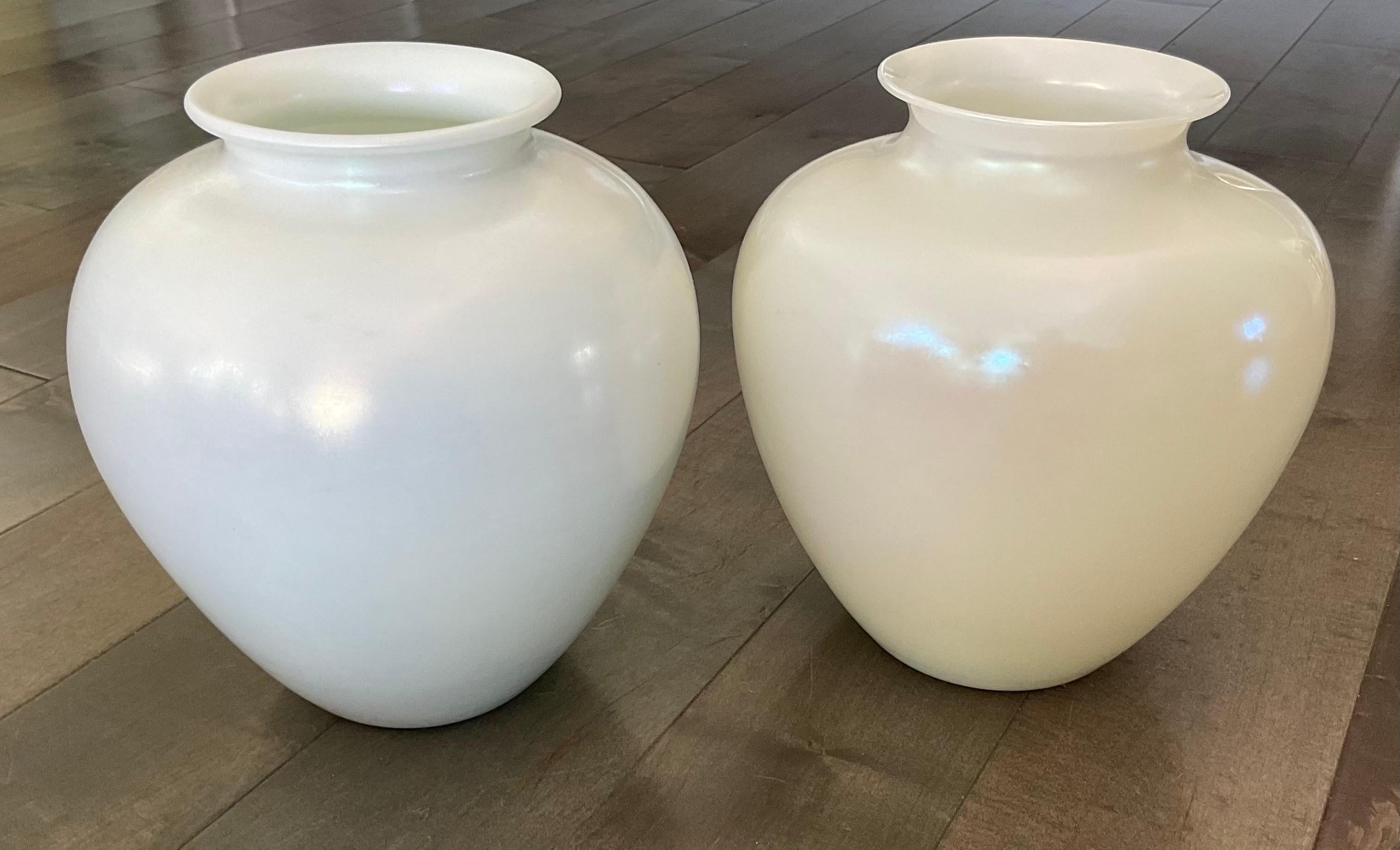 American Pair Opal White Calcite Steuben Art Glass Vases with irredescent finish For Sale