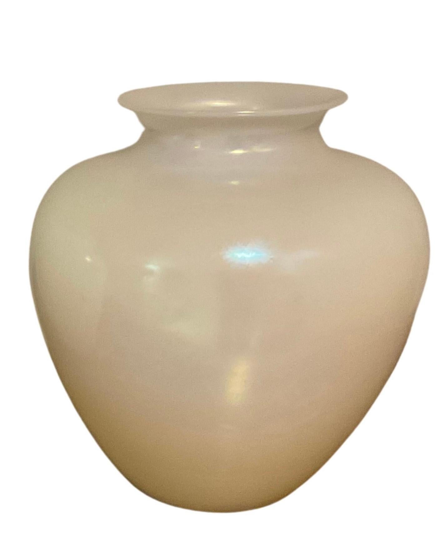 Pair Opal White Calcite Steuben Art Glass Vases with irredescent finish In Good Condition For Sale In Ann Arbor, MI