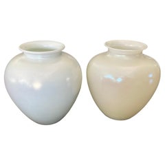 Pair Opal White Calcite Steuben Art Glass Vases with irredescent finish