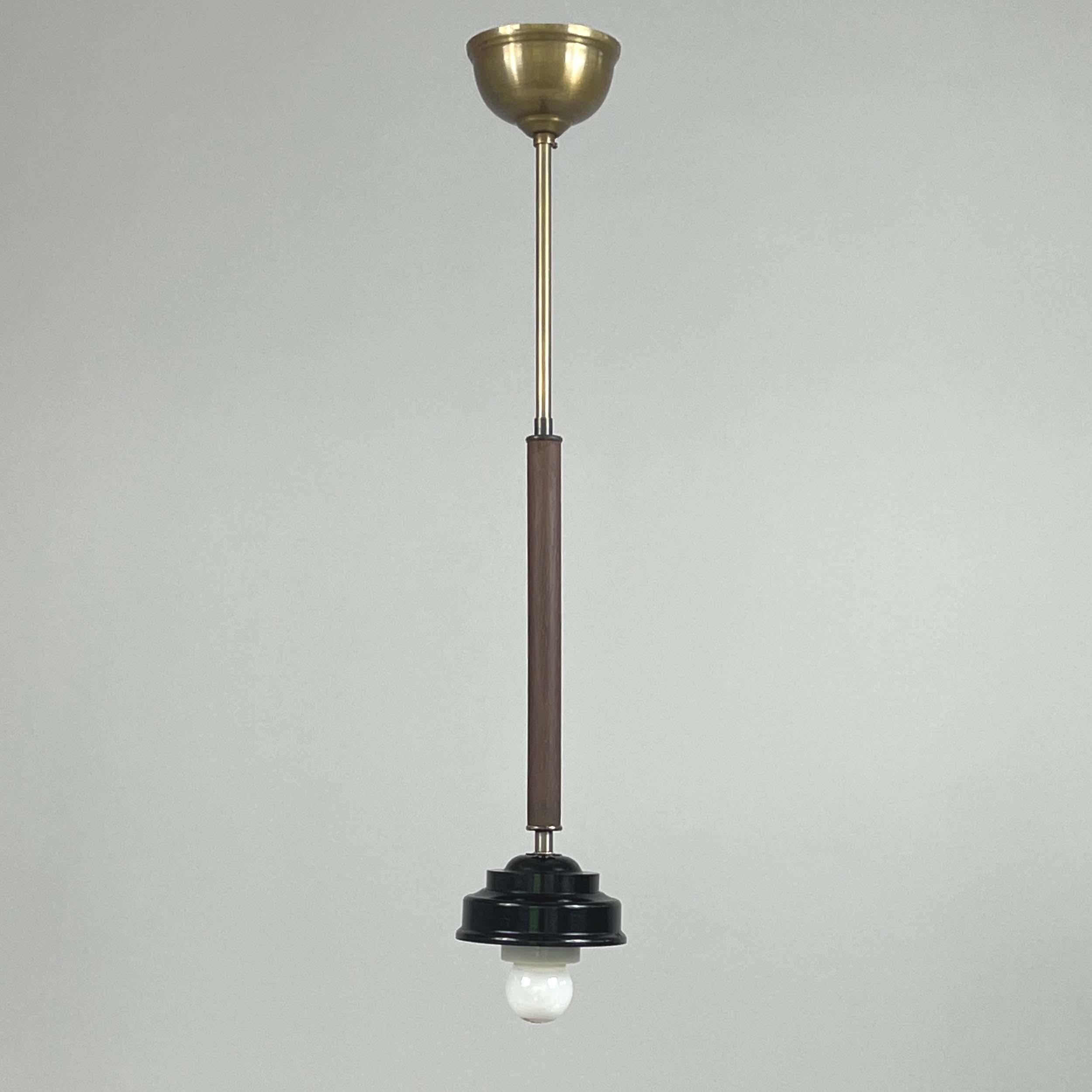 Pair Opaline Glass, Bakelite & Wood Pendants by SIEVERTS KABELVERK, Sweden 1940s For Sale 3