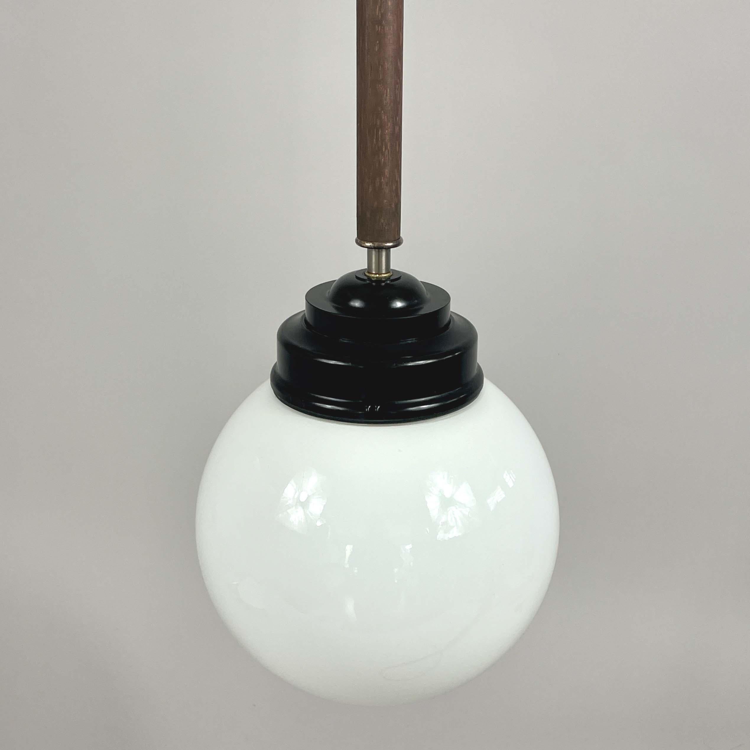 Pair Opaline Glass, Bakelite & Wood Pendants by SIEVERTS KABELVERK, Sweden 1940s For Sale 4
