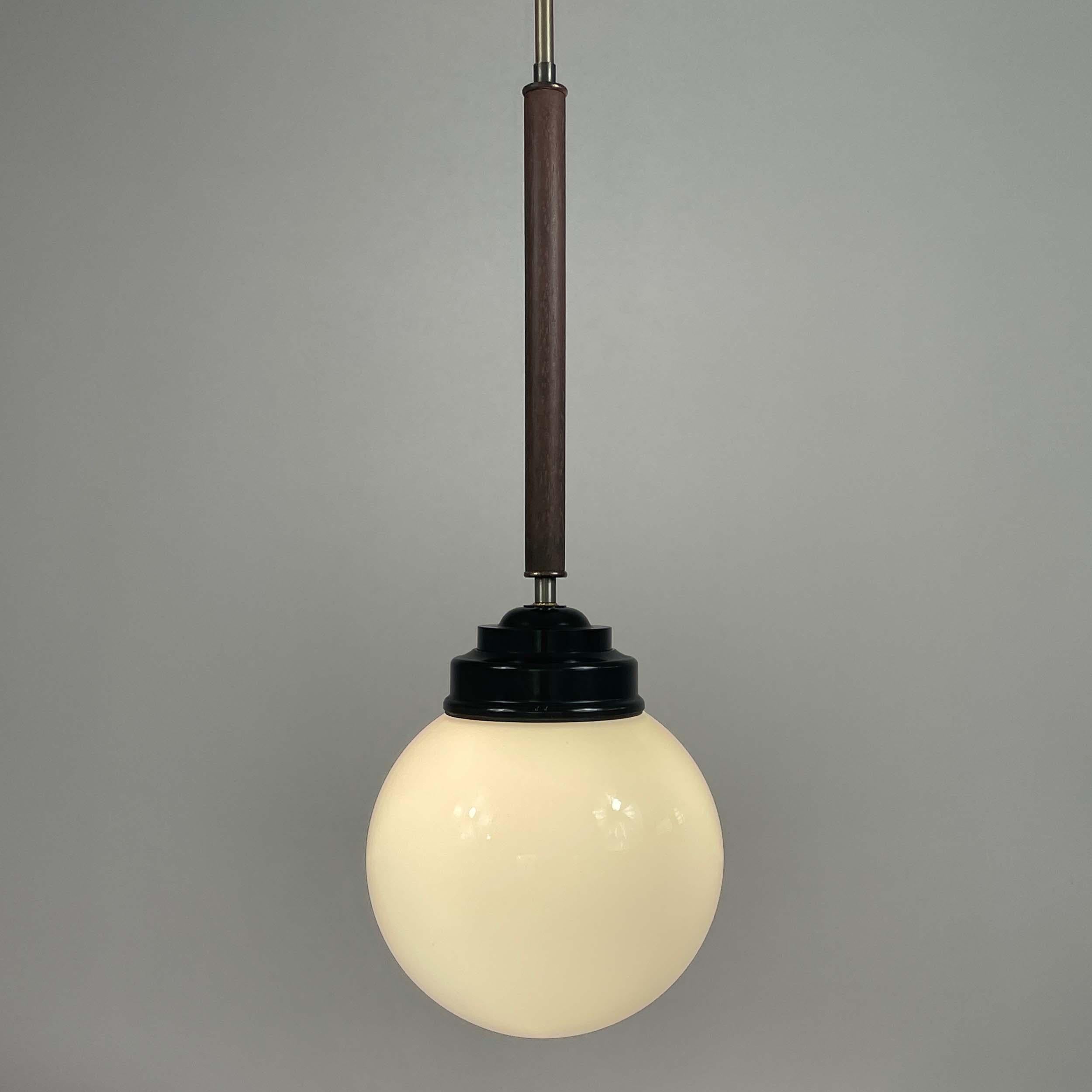 Pair Opaline Glass, Bakelite & Wood Pendants by SIEVERTS KABELVERK, Sweden 1940s For Sale 6