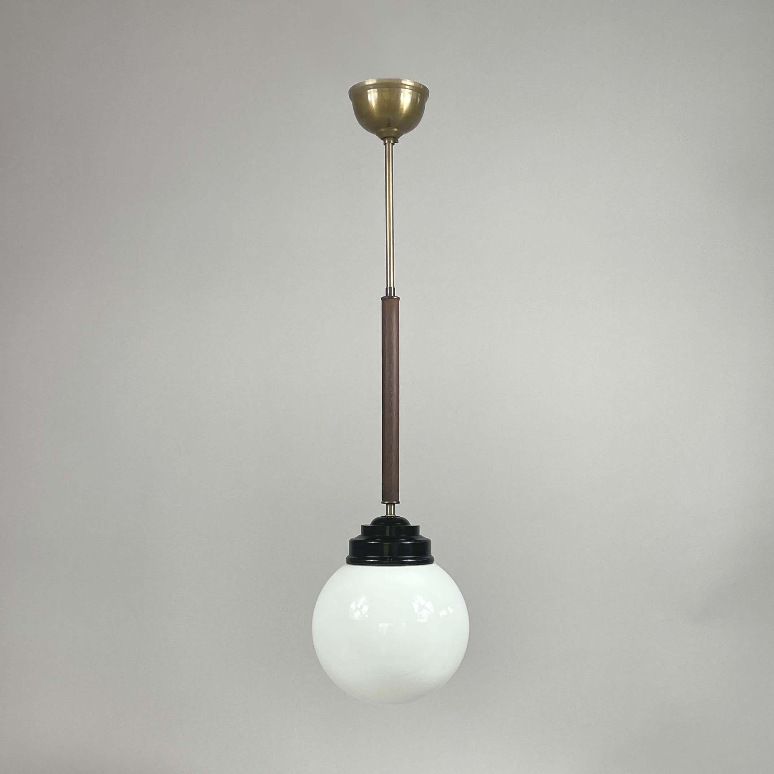 Swedish Pair Opaline Glass, Bakelite & Wood Pendants by SIEVERTS KABELVERK, Sweden 1940s For Sale