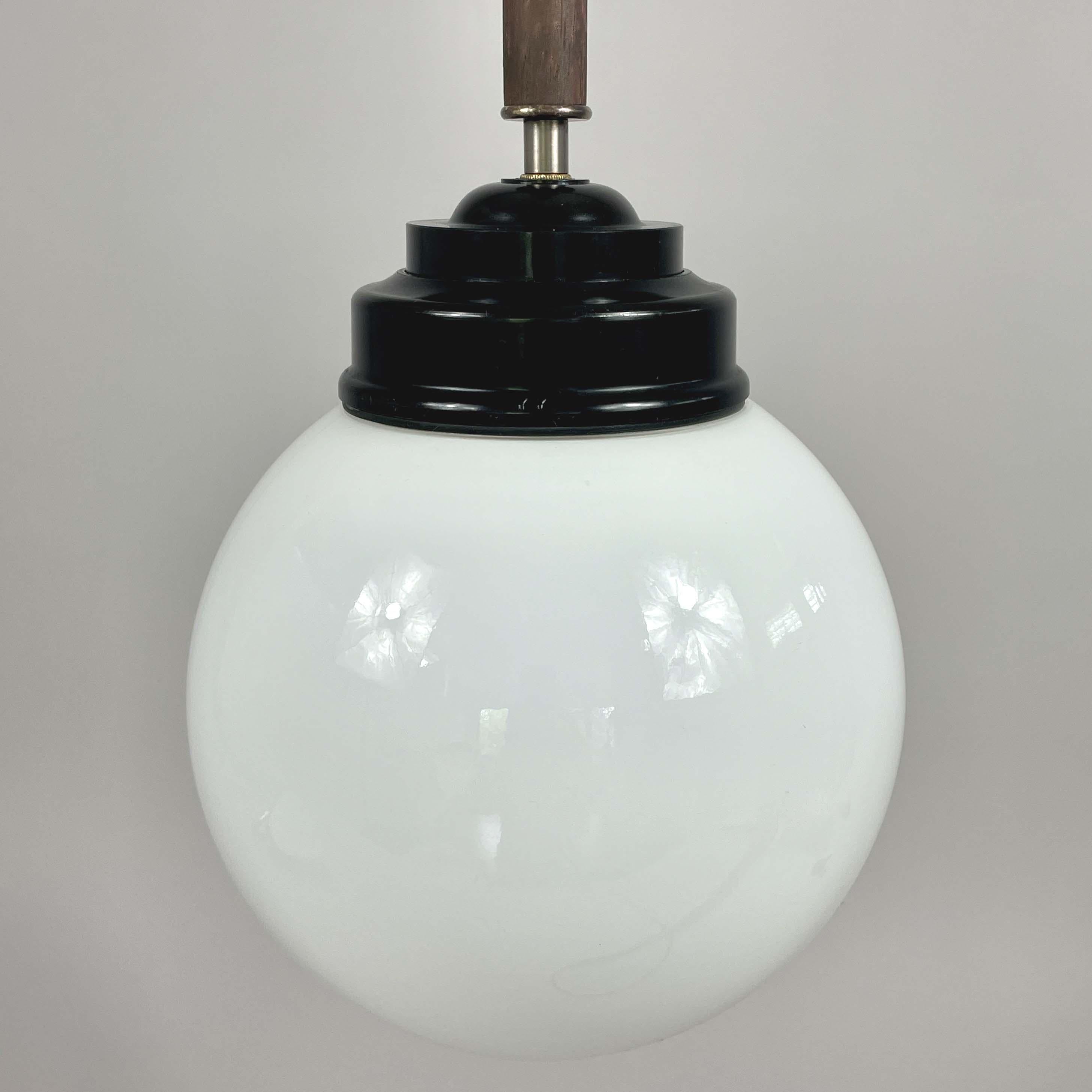 Mid-20th Century Pair Opaline Glass, Bakelite & Wood Pendants by SIEVERTS KABELVERK, Sweden 1940s For Sale