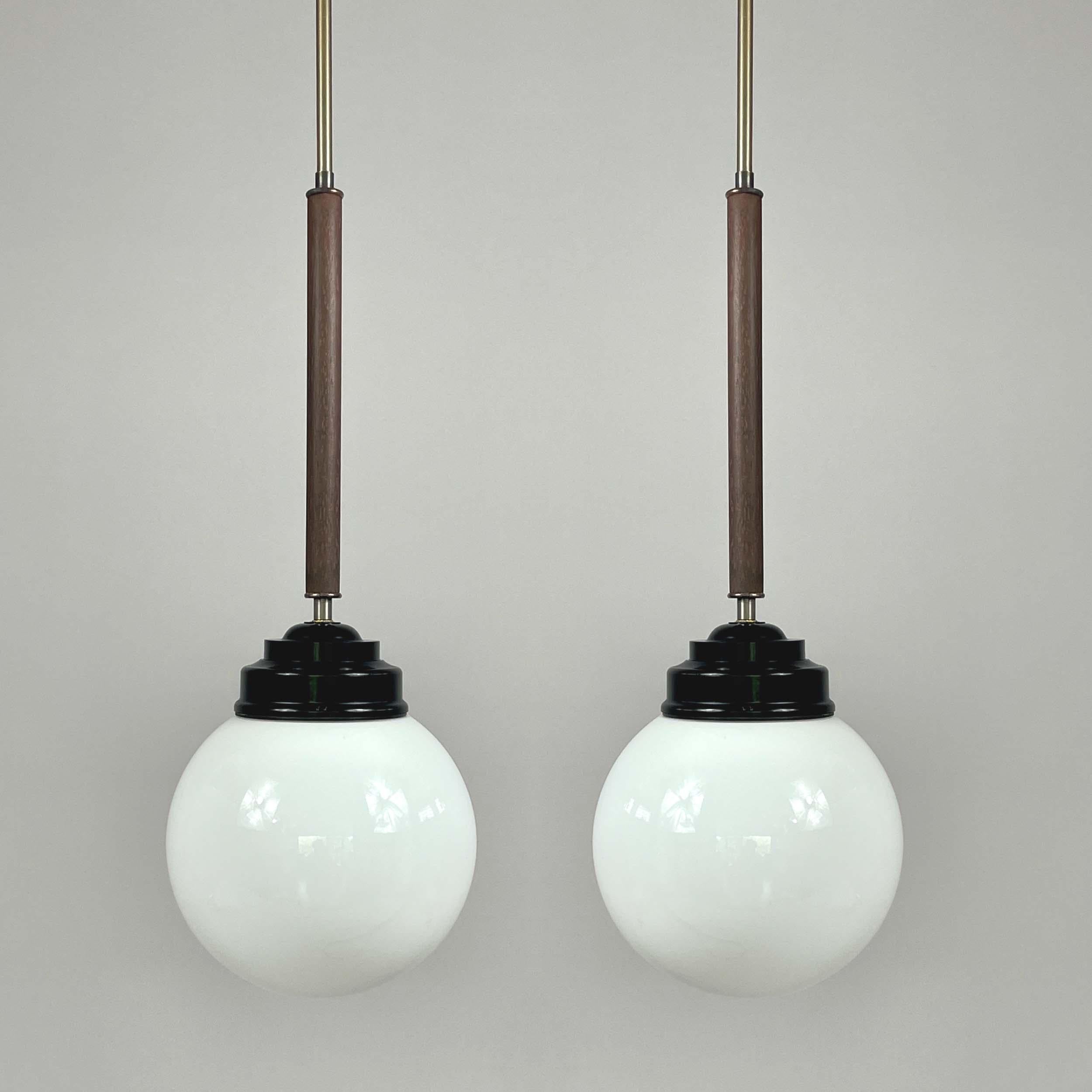 Brass Pair Opaline Glass, Bakelite & Wood Pendants by SIEVERTS KABELVERK, Sweden 1940s For Sale