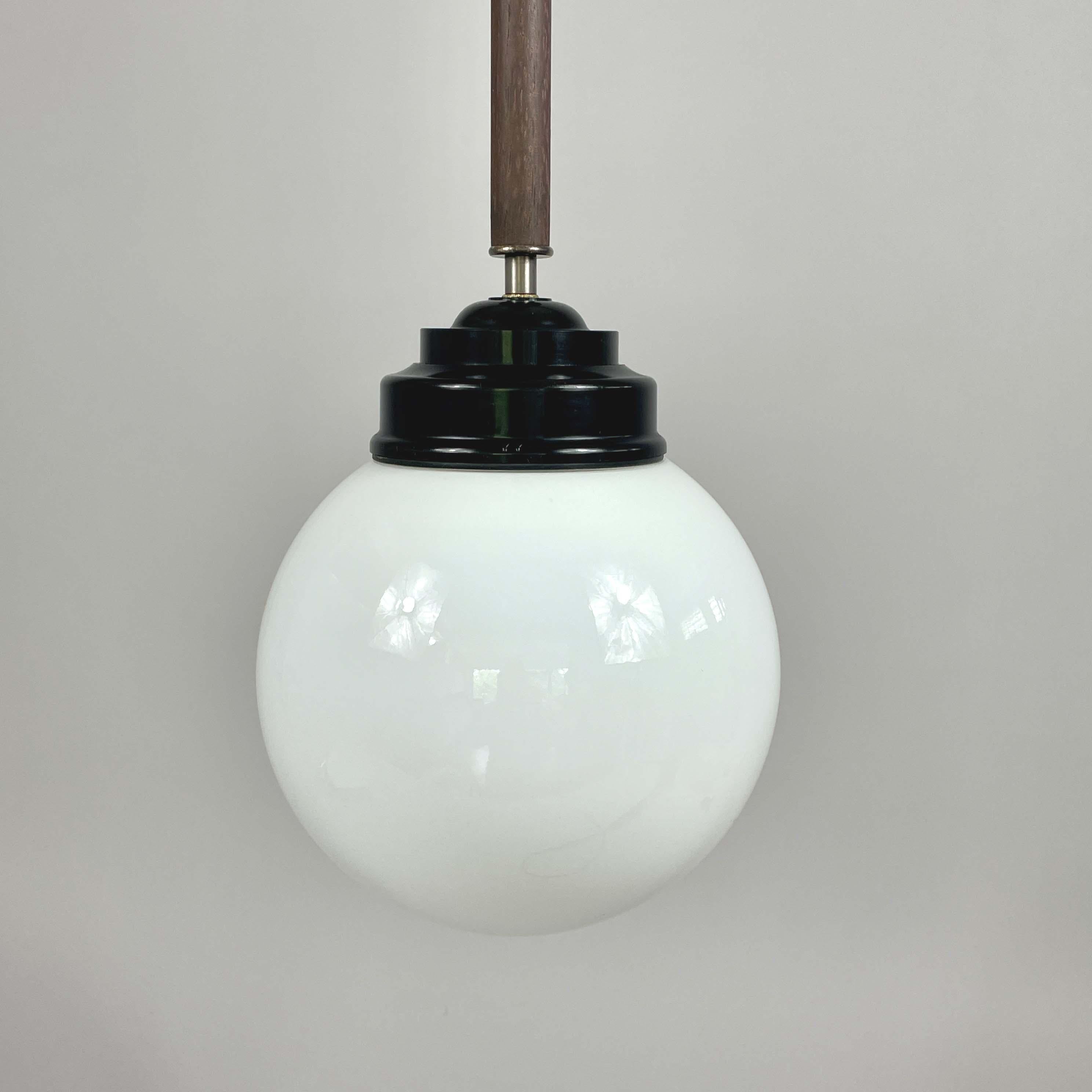 Pair Opaline Glass, Bakelite & Wood Pendants by SIEVERTS KABELVERK, Sweden 1940s For Sale 1