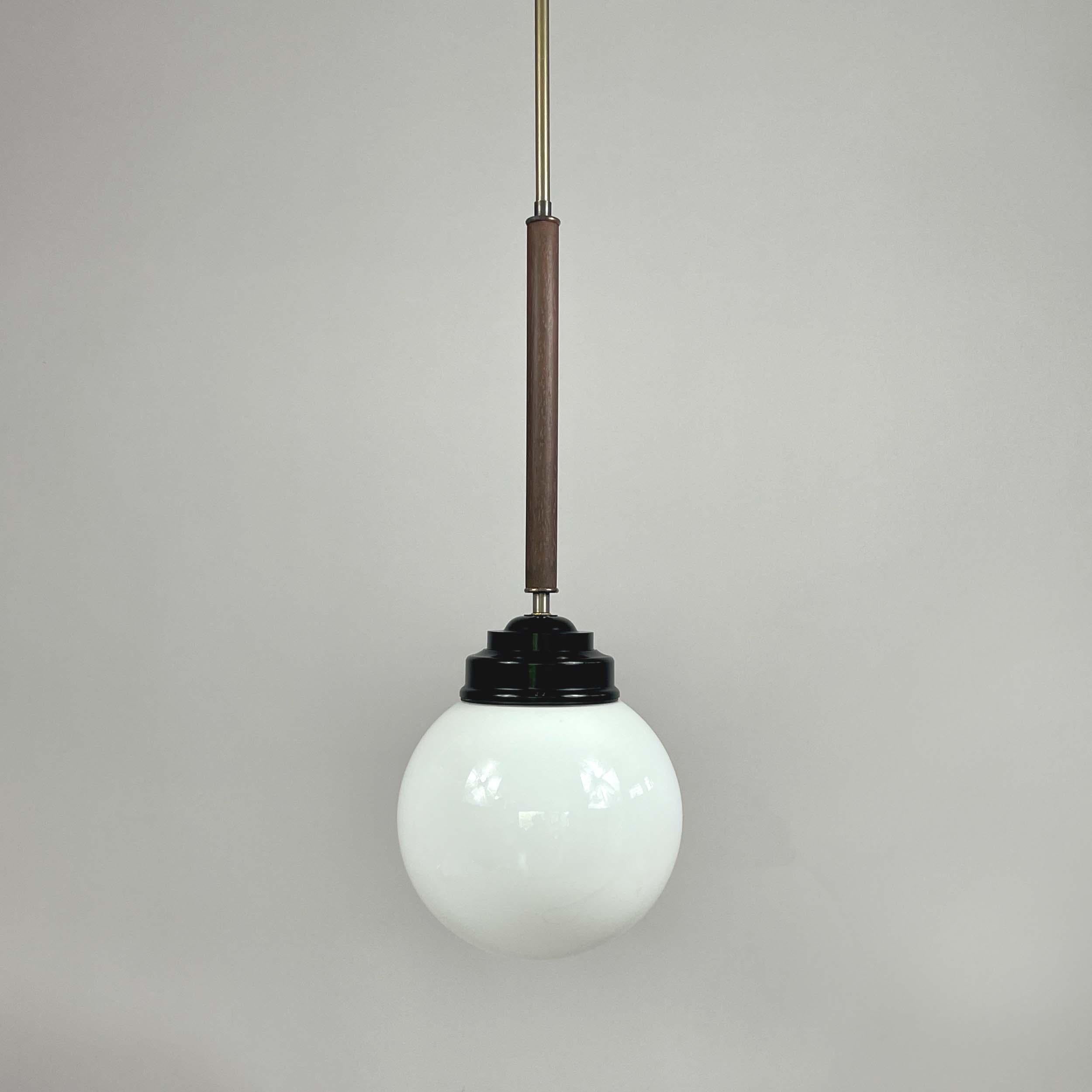 Pair Opaline Glass, Bakelite & Wood Pendants by SIEVERTS KABELVERK, Sweden 1940s For Sale 2